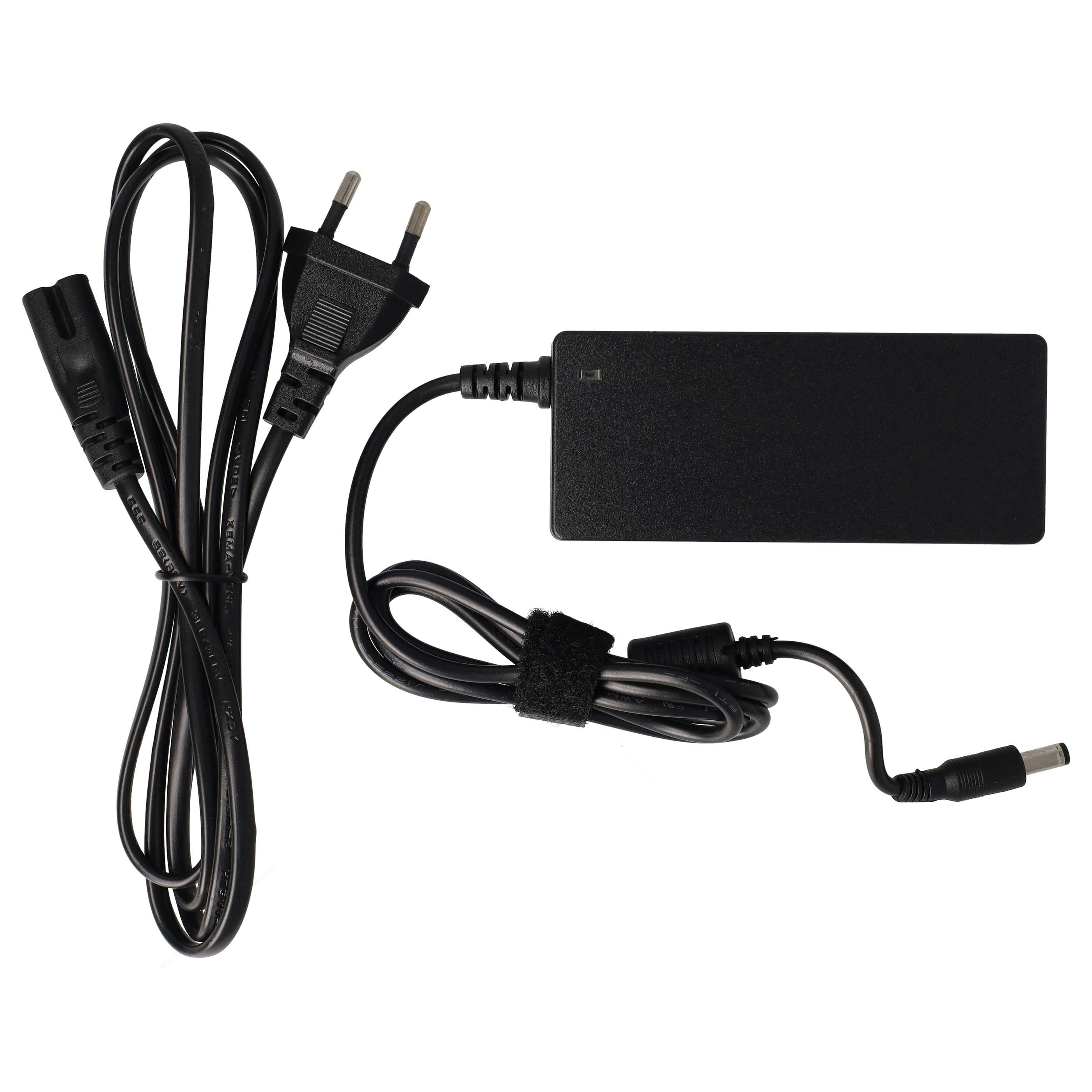 Ein schwarzes Laptop-Netzteil mit Netzkabel und Stecker auf weißem Hintergrund.