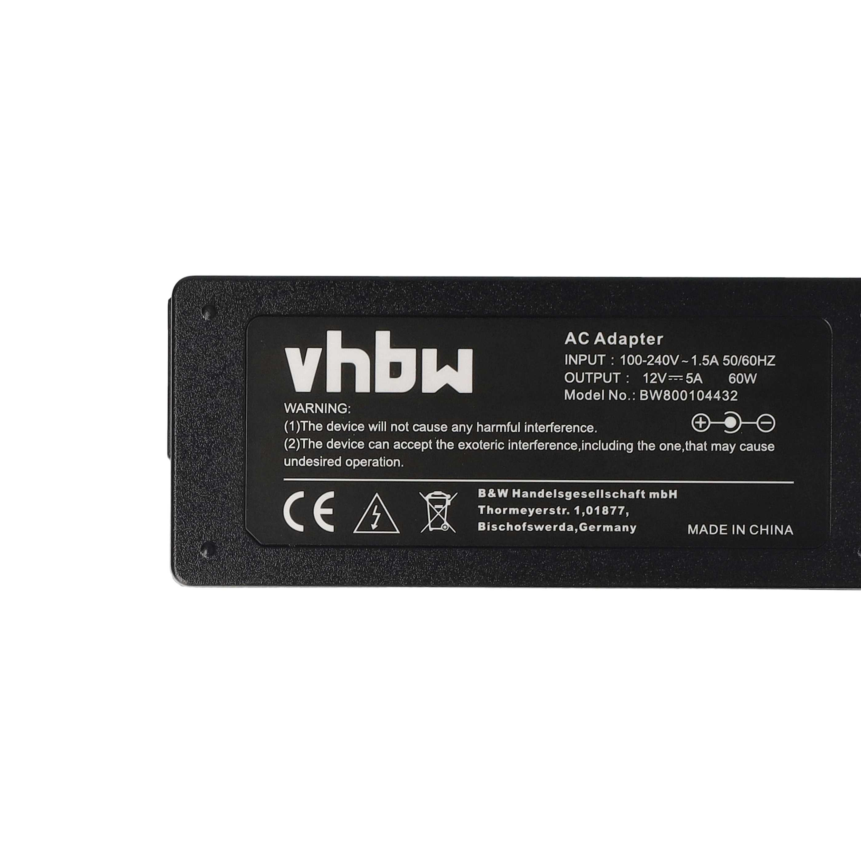 Schwarzer AC-Adapter mit weißem Text. Er zeigt das vhbw-Logo und technische Informationen wie Spannung und Modellnummer.