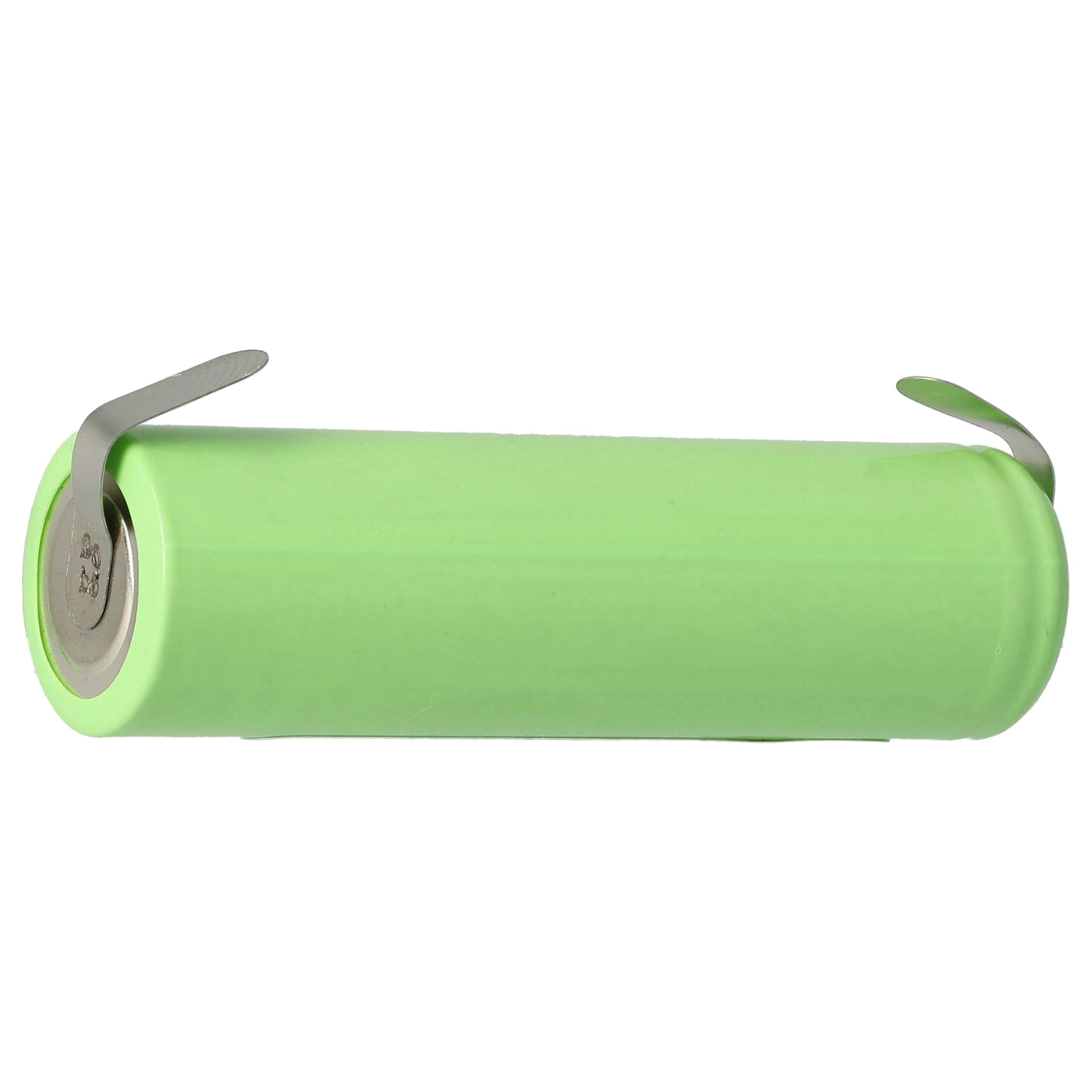 Eine grüne zylindrische Batterie mit zwei silbernen Laschen ist auf weißem Hintergrund isoliert.