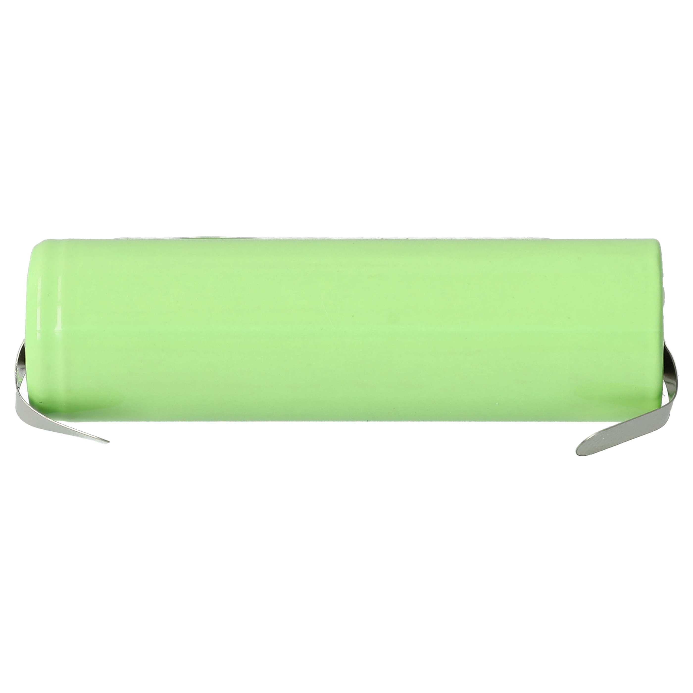 Eine grüne zylindrische Batterie mit zwei silbernen Metalllaschen an jedem Ende. Der Hintergrund ist weiß.