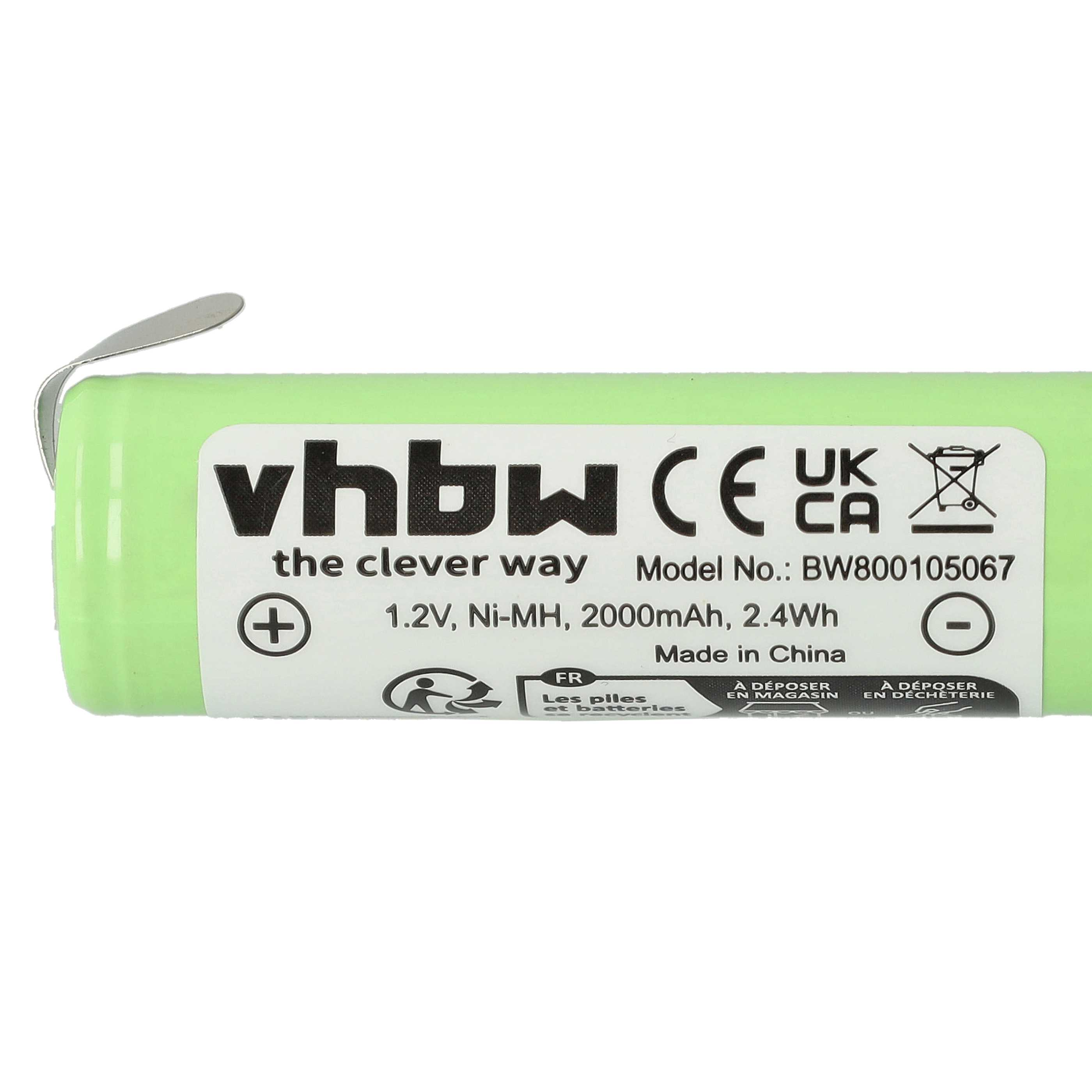 Eine grüne vhbw-Batterie mit Spannung, Kapazität und Recycling-Symbolen. Sie hat eine Metalllasche und weißen Text auf dem Etikett.