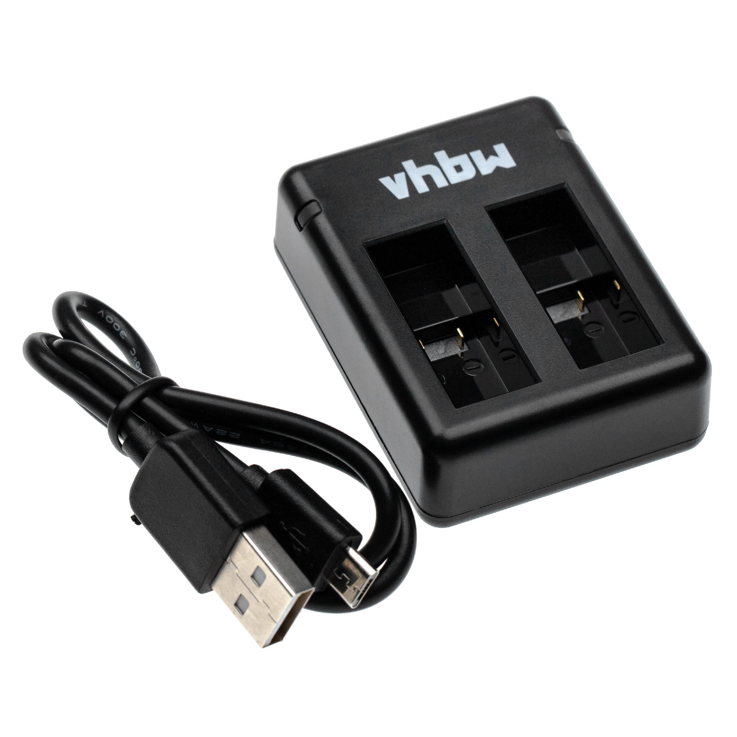 Ein schwarzes vhbw-Batterieladegerät mit zwei Steckplätzen und einem USB-Kabel.
