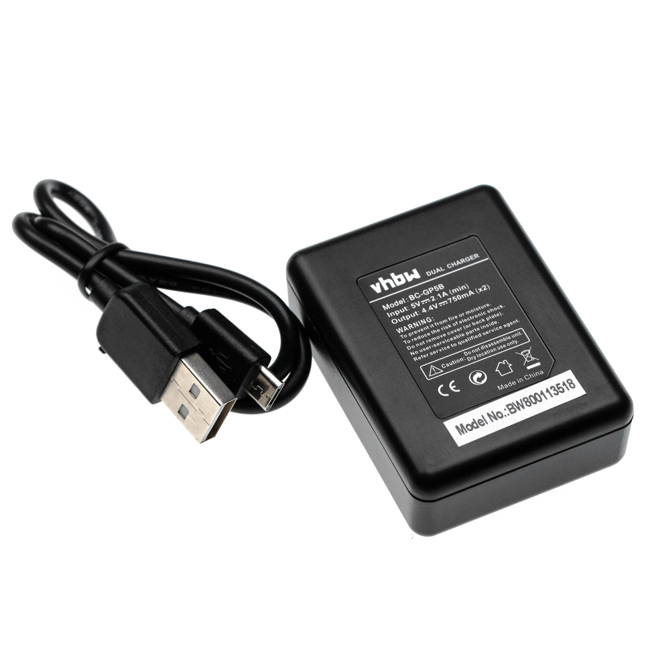 Schwarzes vhbw-Doppel-Ladegerät mit USB-Kabel. Details umfassen Modellinformationen und Warnhinweise.