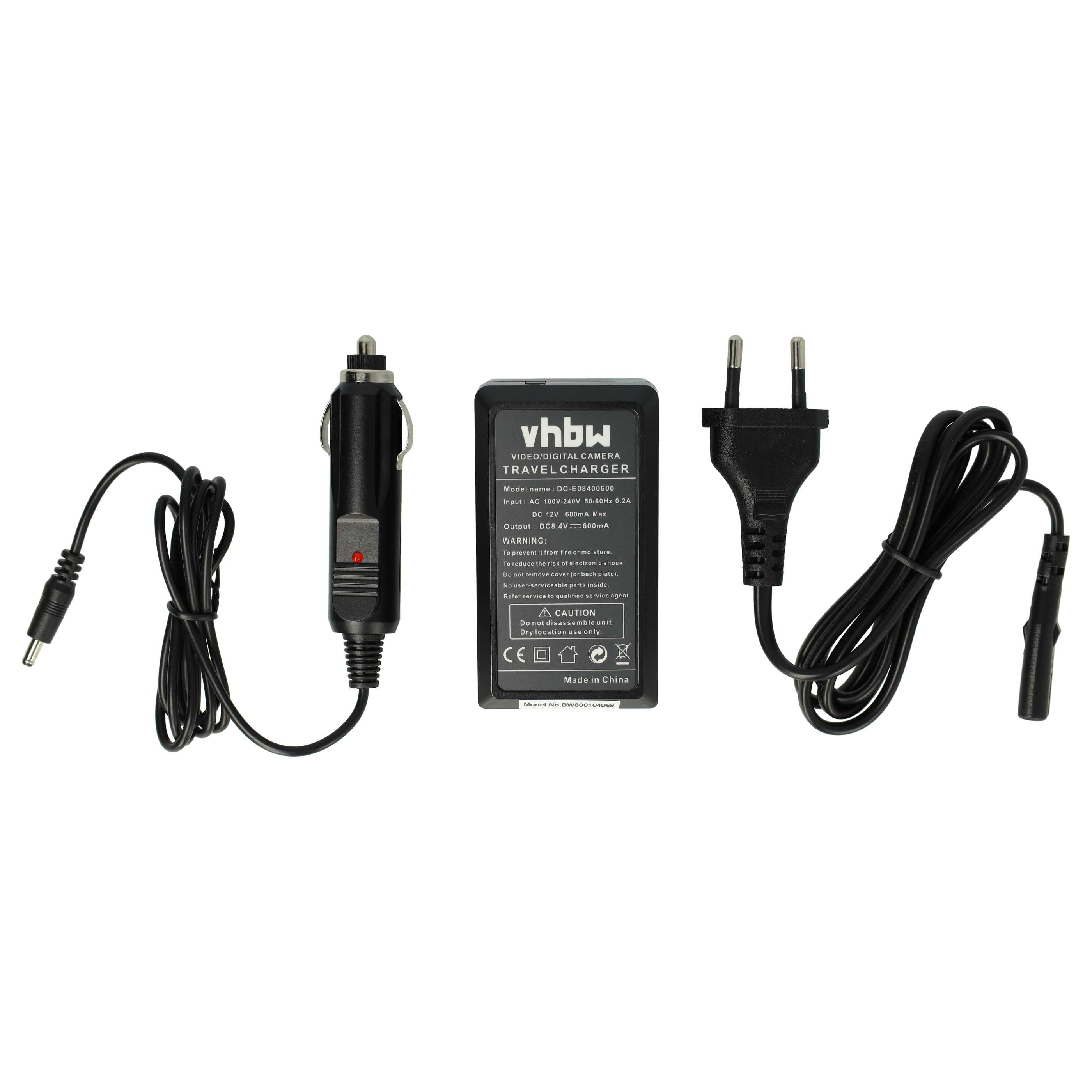 Ein schwarzes Reise Ladegerät mit Auto- und Wandsteckern und einer schwarzen Ladegerät-Box. Kabel verbinden die Teile.