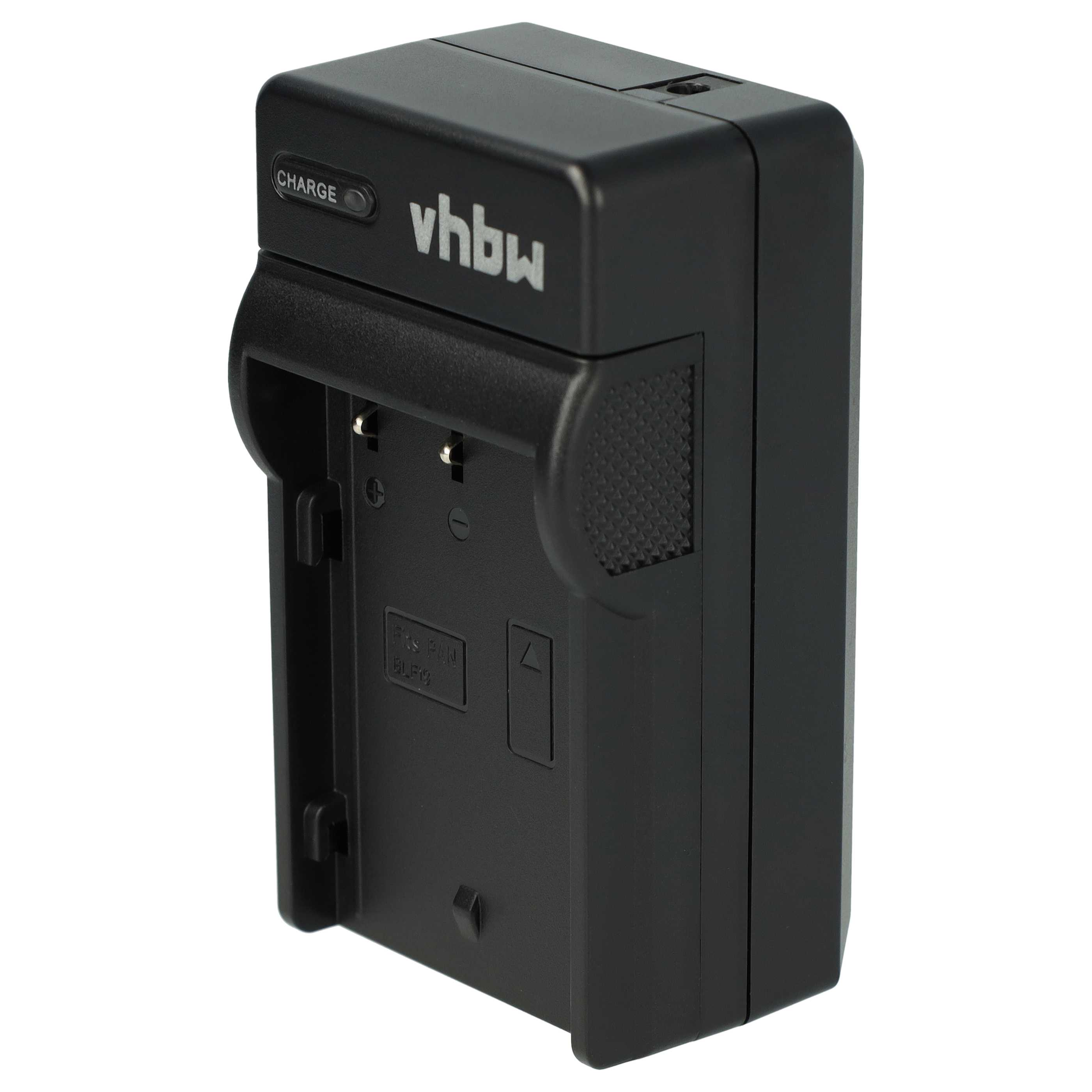 Schwarzes Batterieladegerät mit der Aufschrift 'CHARGE' und dem Markennamen 'vhbw'. Mit Fach und Pfeilsymbol.