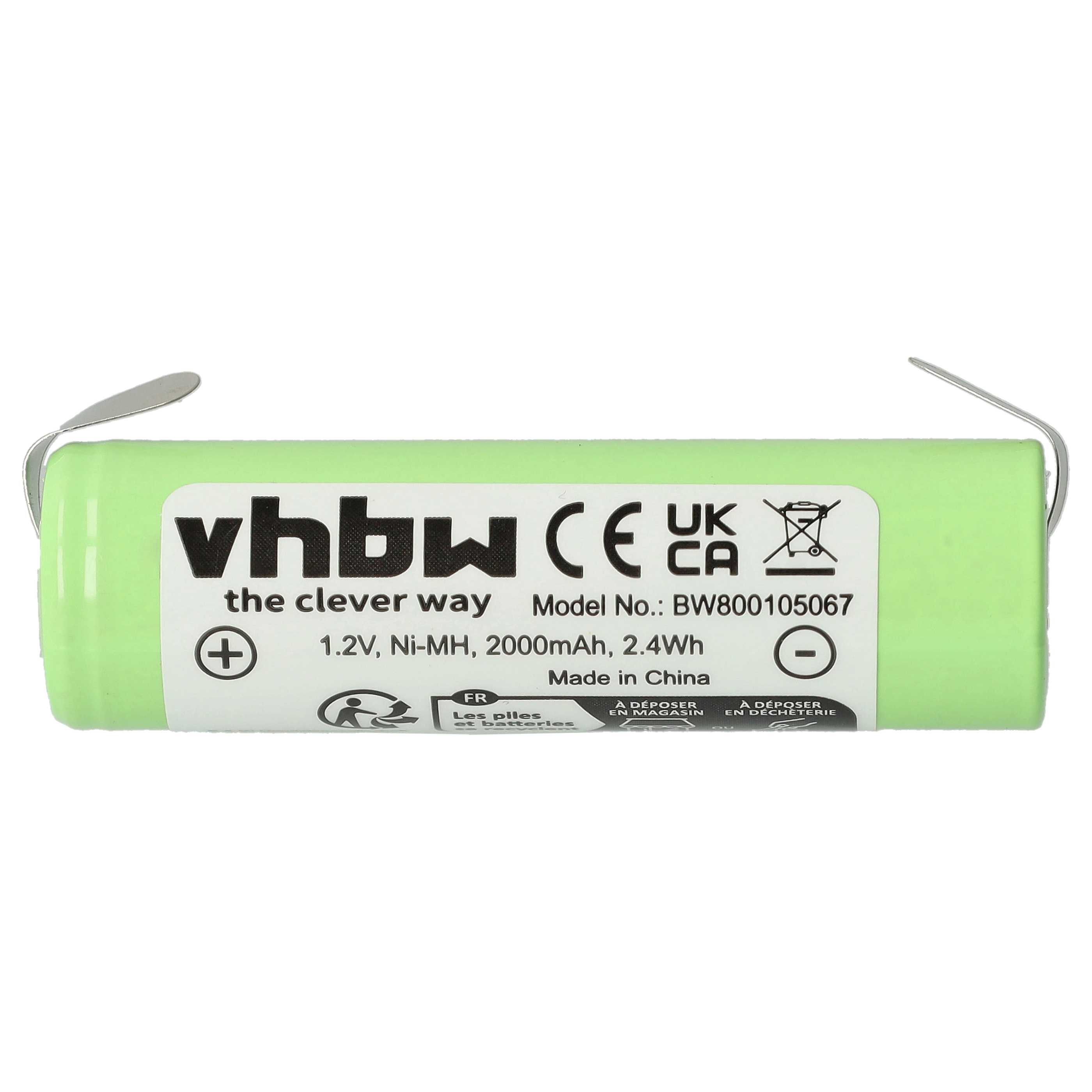Eine grüne vhbw-Batterie mit Text. Oben ist ein Metallclip. Etiketten enthalten Spannung, Kapazität und Recycling-Symbole.