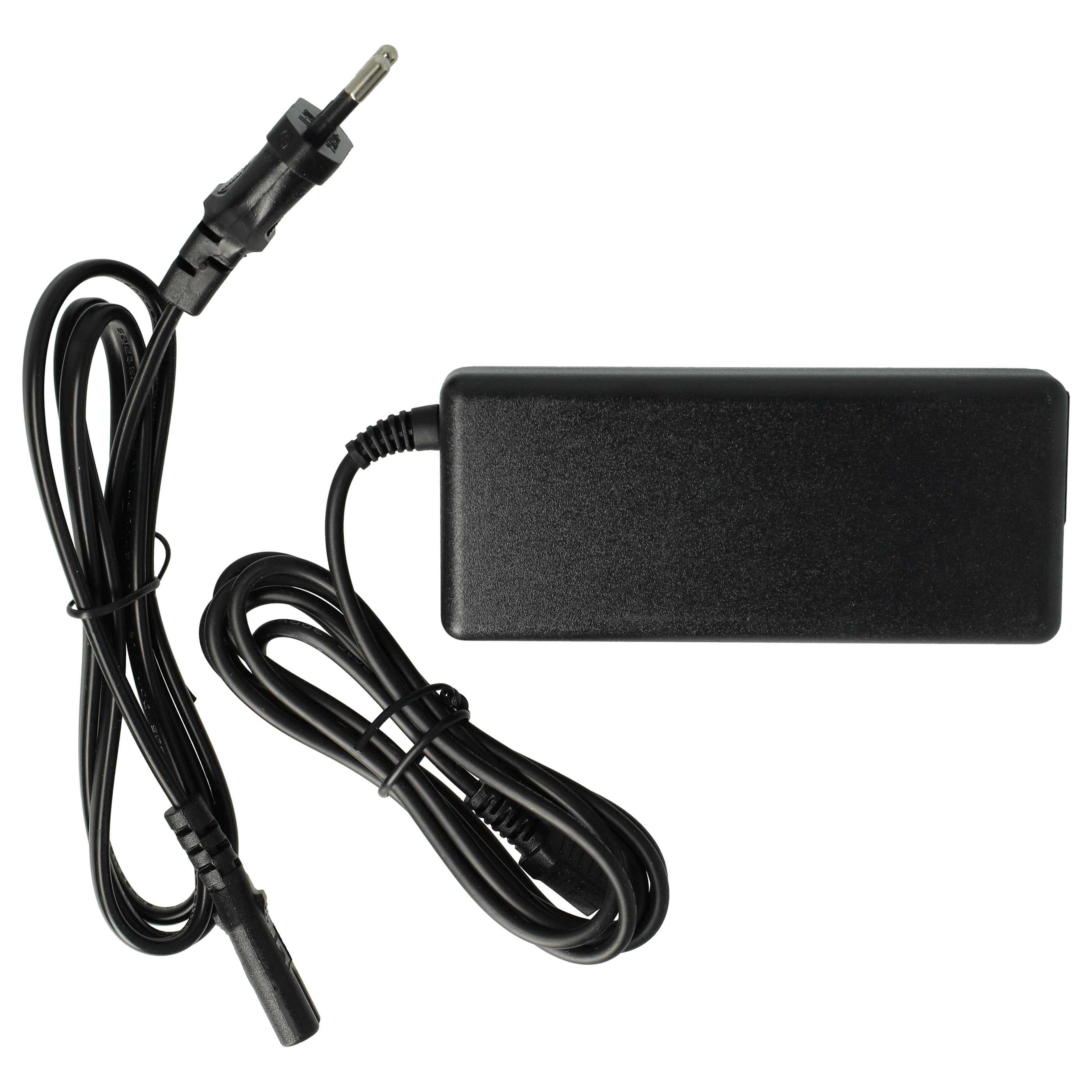 Schwarzes Netzteil mit Kabel und Stecker auf weißem Hintergrund.