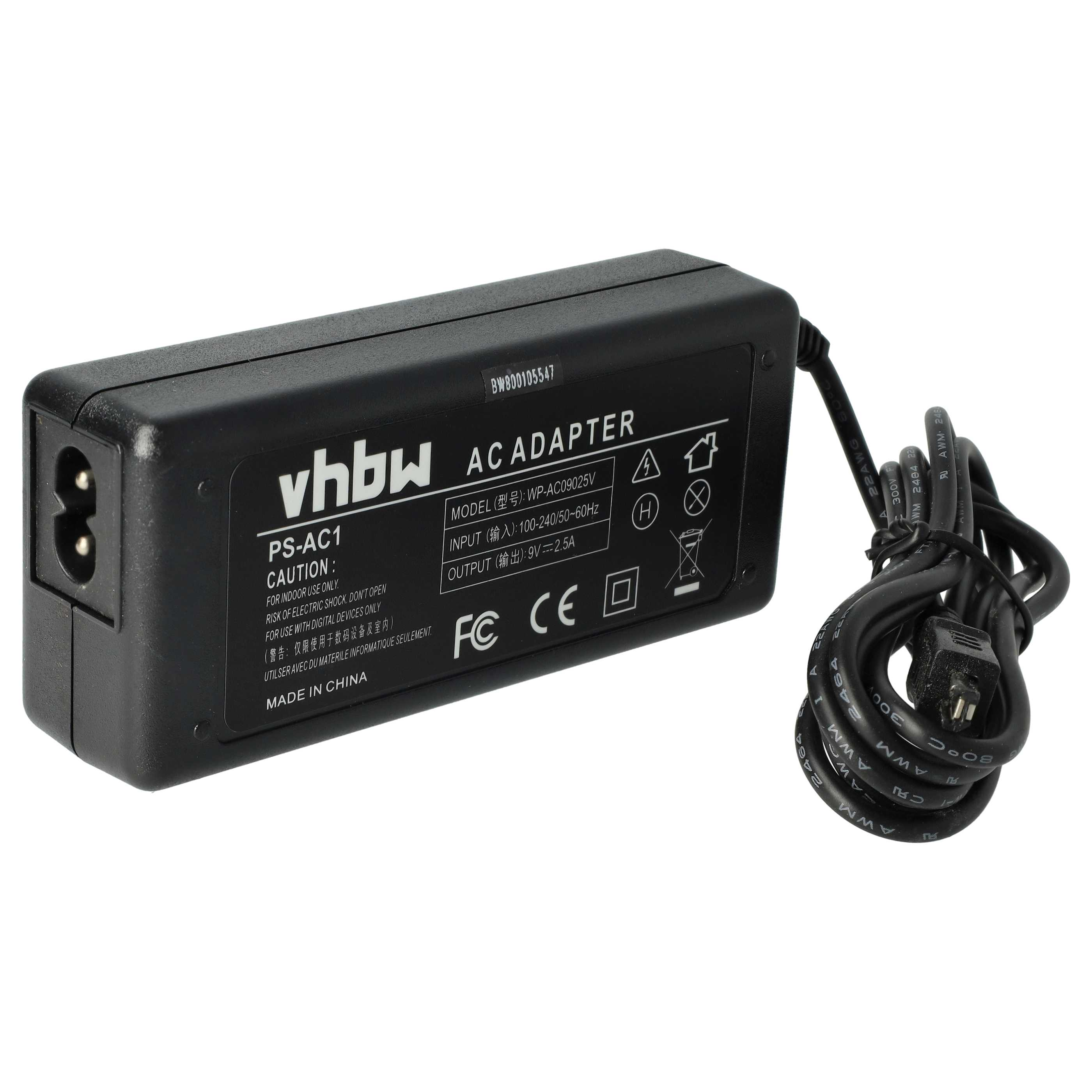 Schwarzes AC-Adapter mit schwarzem Netzkabel. Der Adapter hat Text und Symbole, darunter 'vhbw AC ADAPTER'.