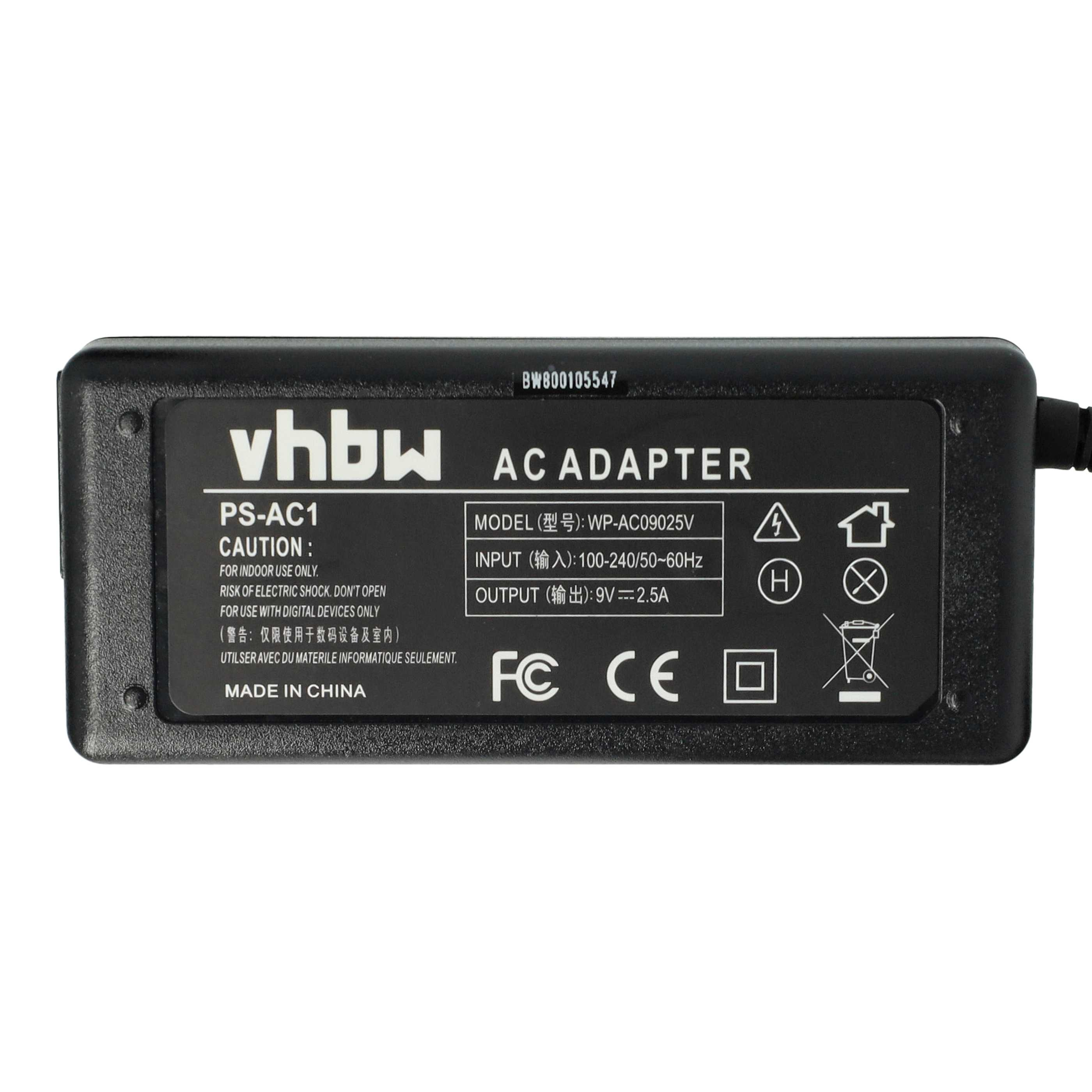 Schwarzes AC-Adapter mit weißem Text. Es trägt die Marke vhbw, Modell WP-AC09025V, Eingang 100-240V und Ausgang 9V. Hergestellt in China.