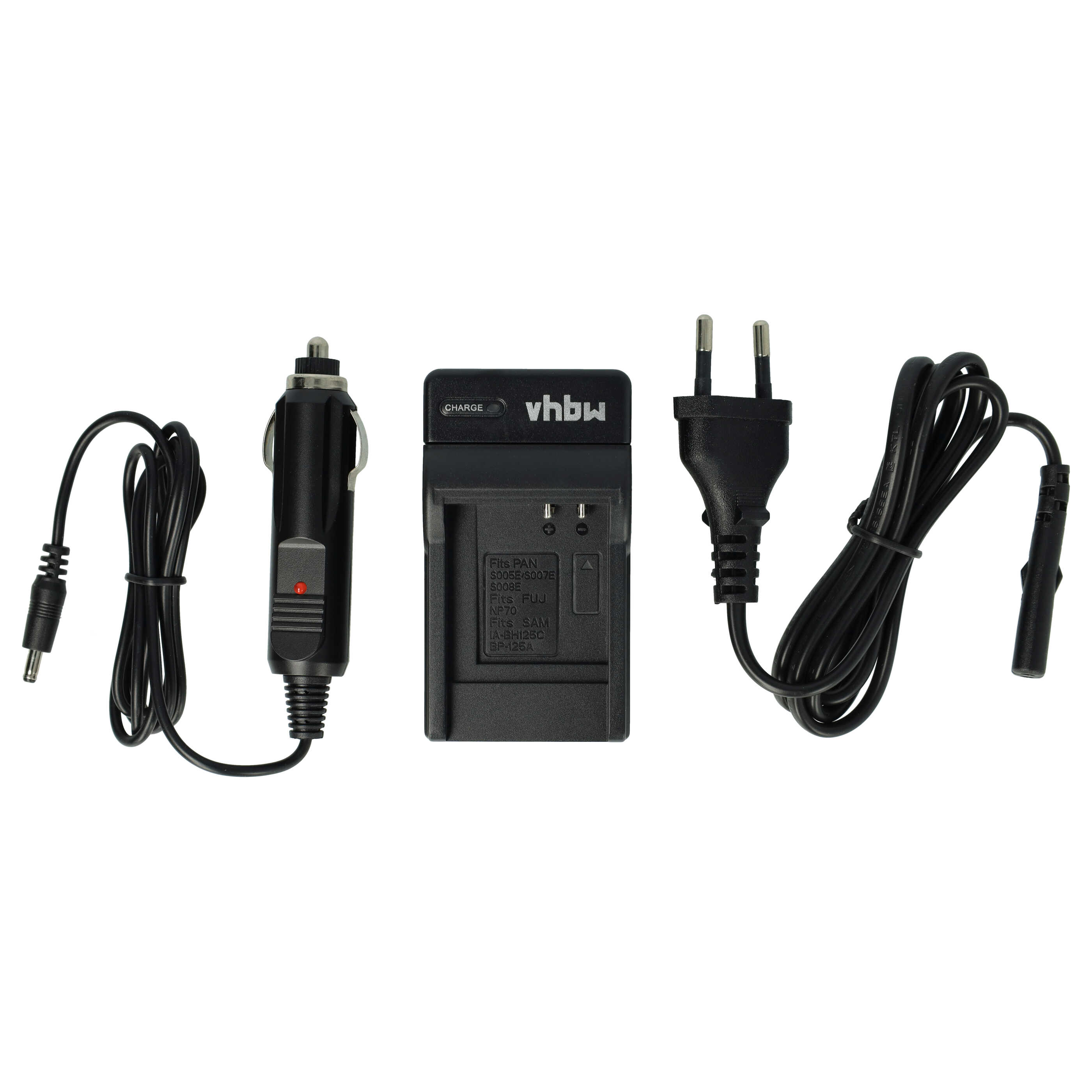 Ein Kamerabatterieladegerät mit Autoadapter, Wandstecker und Ladegerät. Schwarz, mit der Marke 'vhbw'.