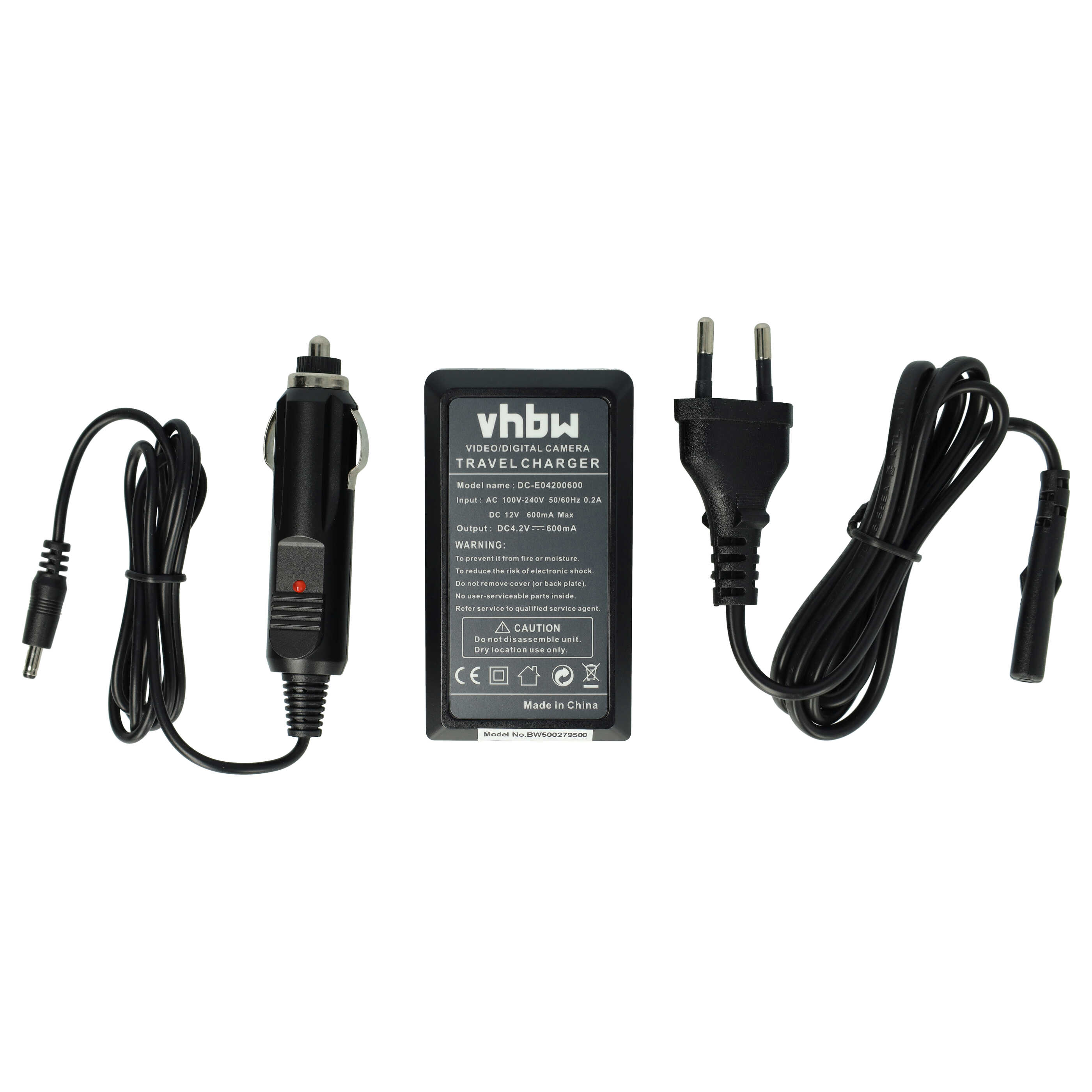 Ein schwarzes Reise-Ladegerät mit Auto-Adapter und Zweipol-Stecker, mit einem Warnhinweis.