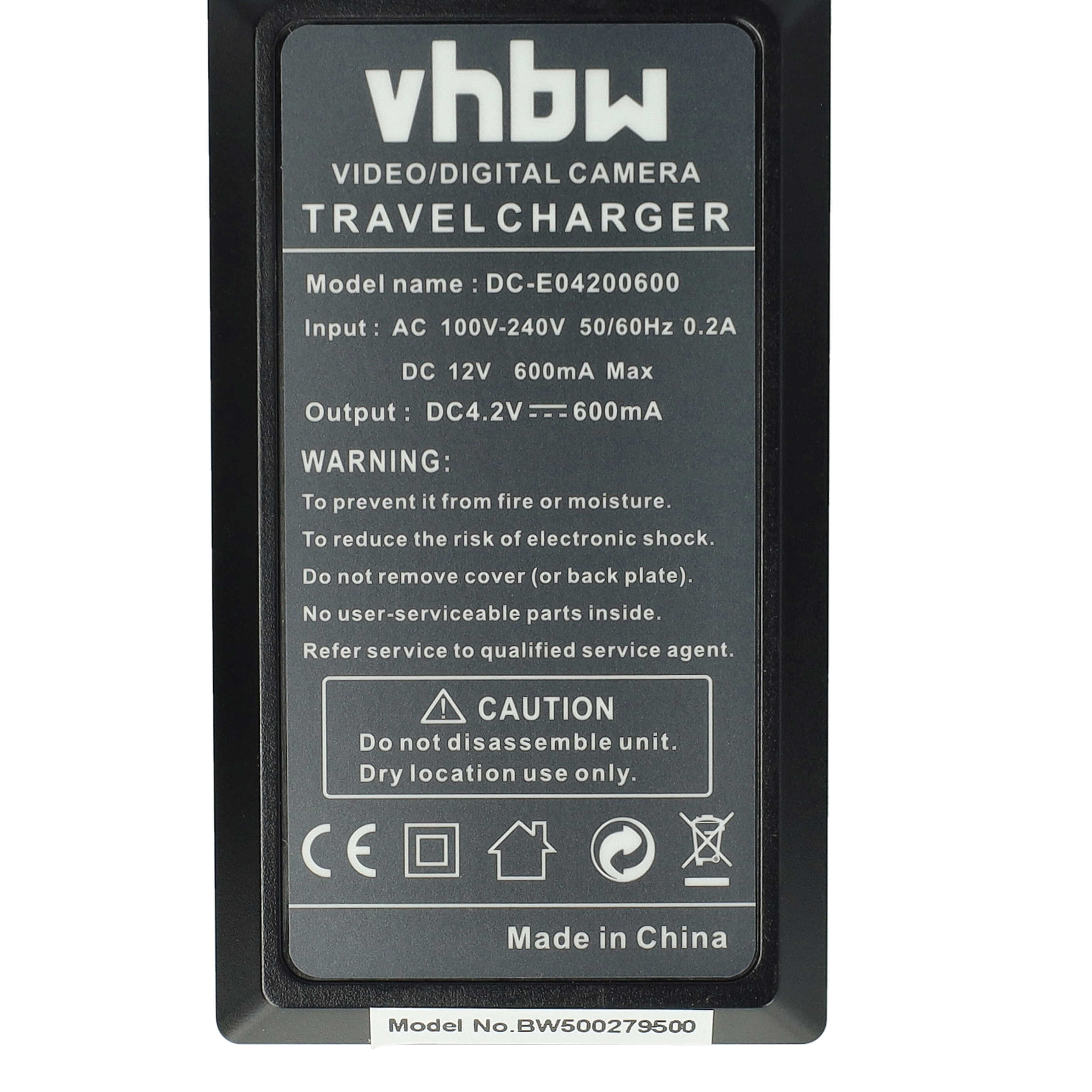 Ein schwarzes Reisegerät mit Text: 'vhbw VIDEO/DIGITAL CAMERA TRAVEL CHARGER', Modellinfo, Warnhinweise, hergestellt in China.