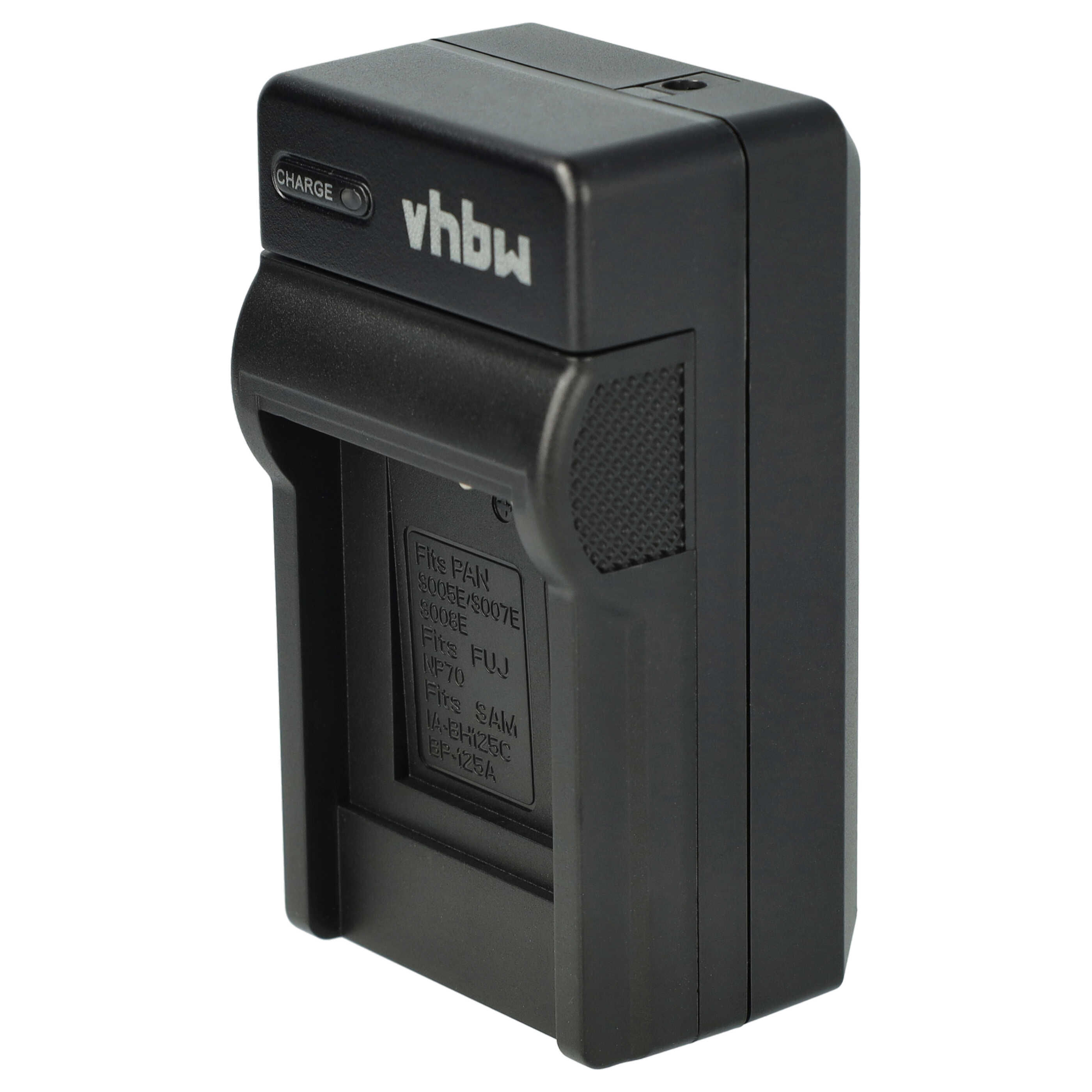 Schwarzes Kamera-Akkuladegerät mit dem Wort „vhbw“ und „CHARGE“. Es listet auch kompatible Batteriemodelle auf.