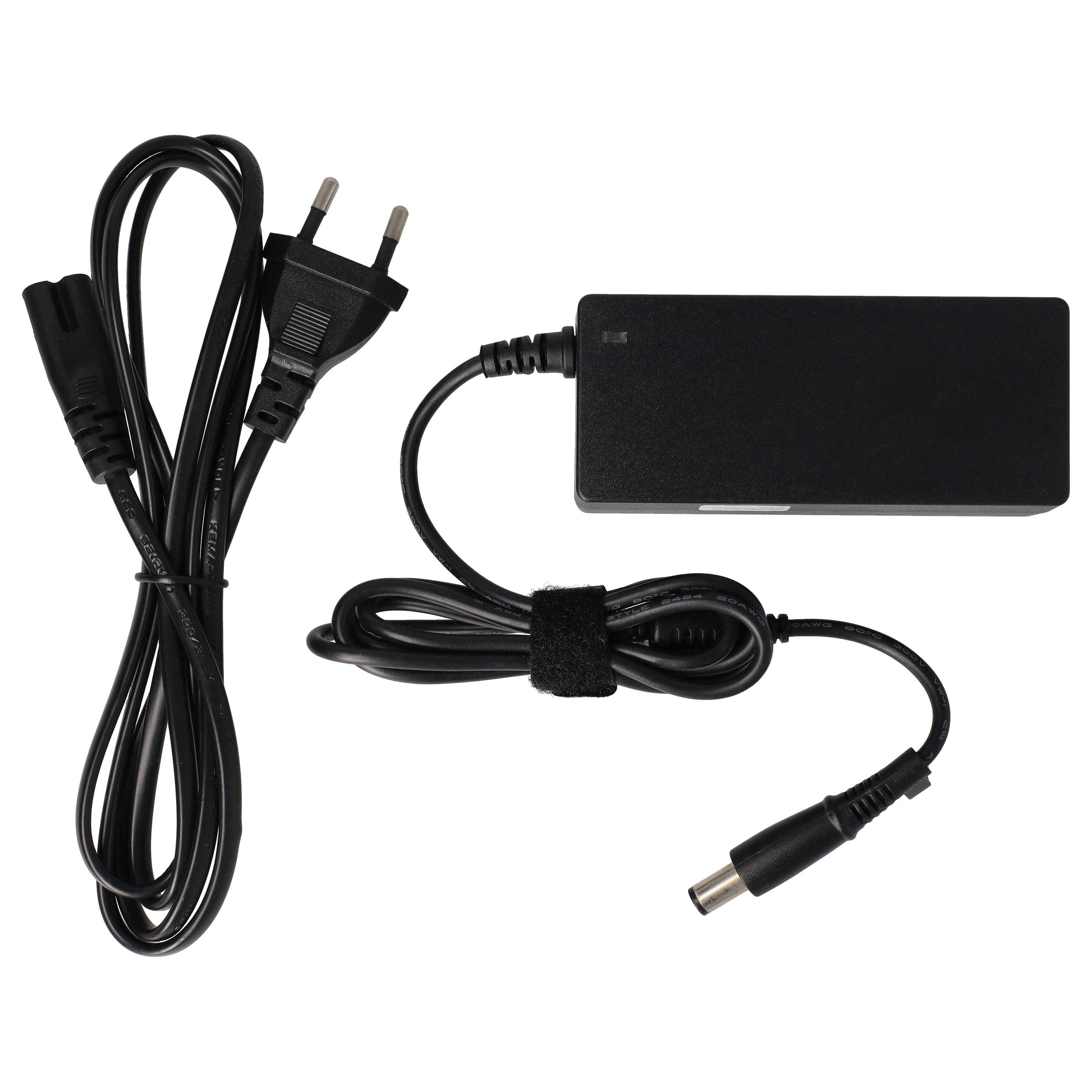 Schwarzes Laptop-Ladegerät mit Netzstecker, Adapter und Kabel auf weißem Hintergrund.