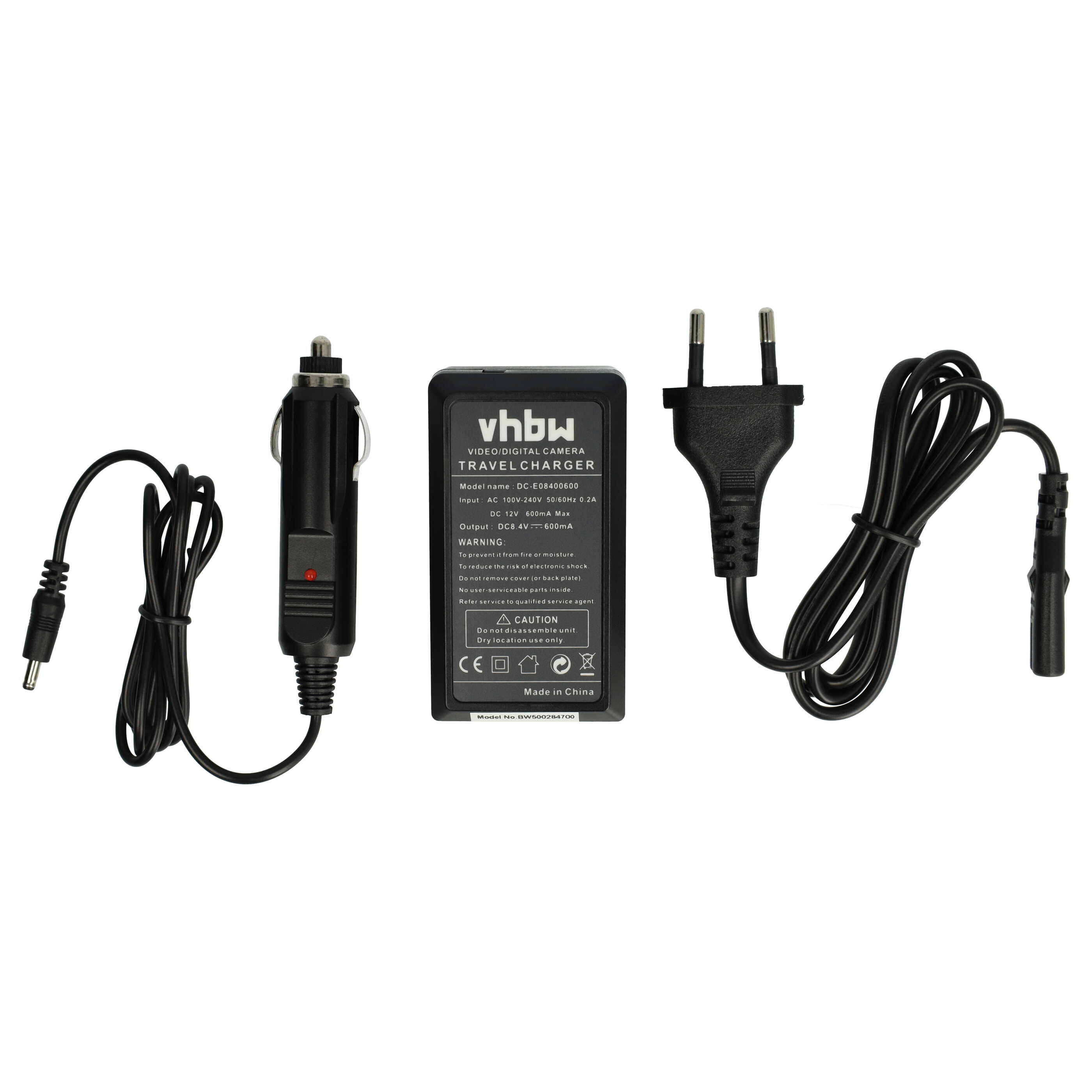 Drei schwarze Kamerabatterieladegeräte und ein Reiseladegerät. Kabel sind mit jedem Ladegerät verbunden.