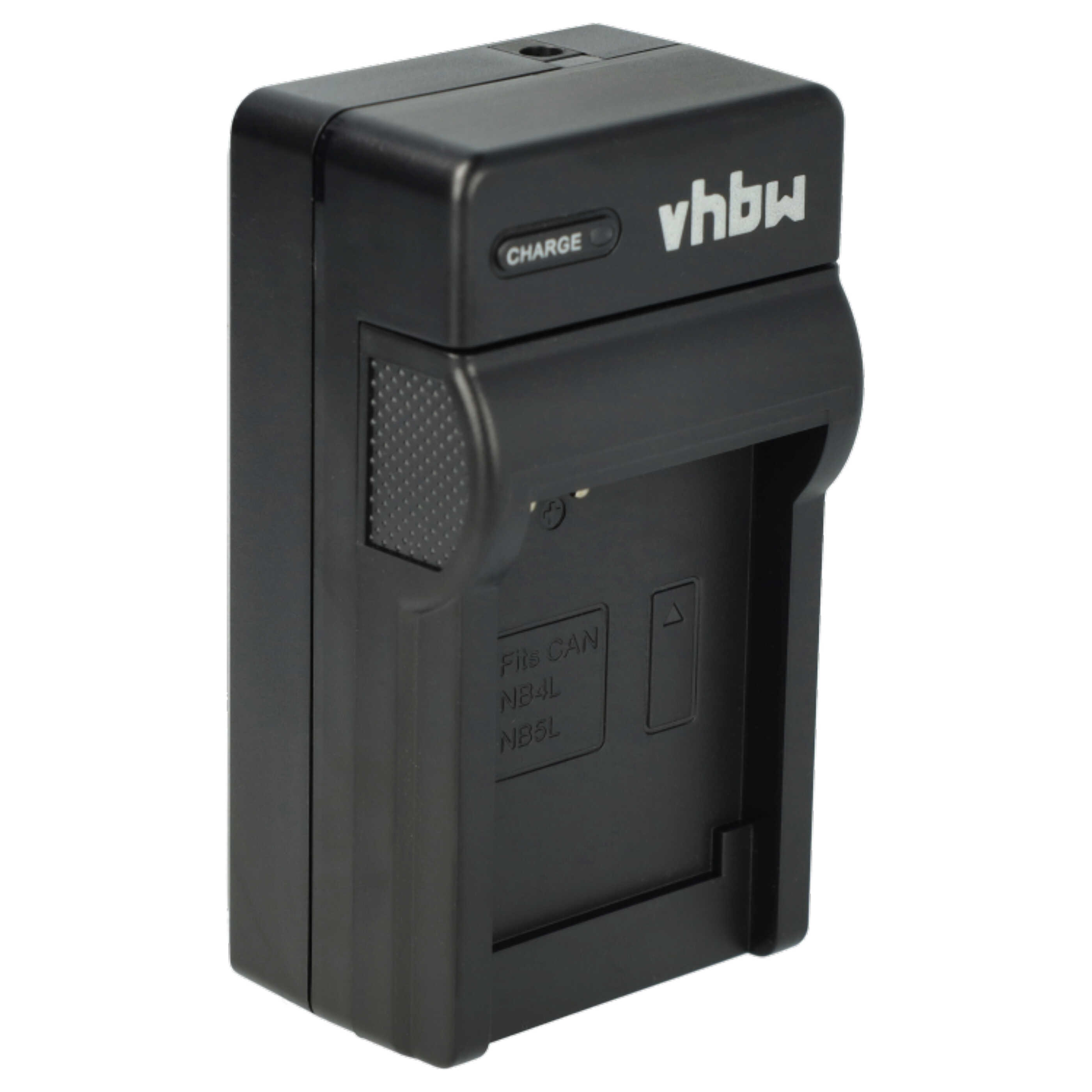 Ein schwarzes vhbw-Akkuladegerät. Es hat eine 'CHARGE'-Taste und den Text 'Fits CAN NB4L NB5L'.