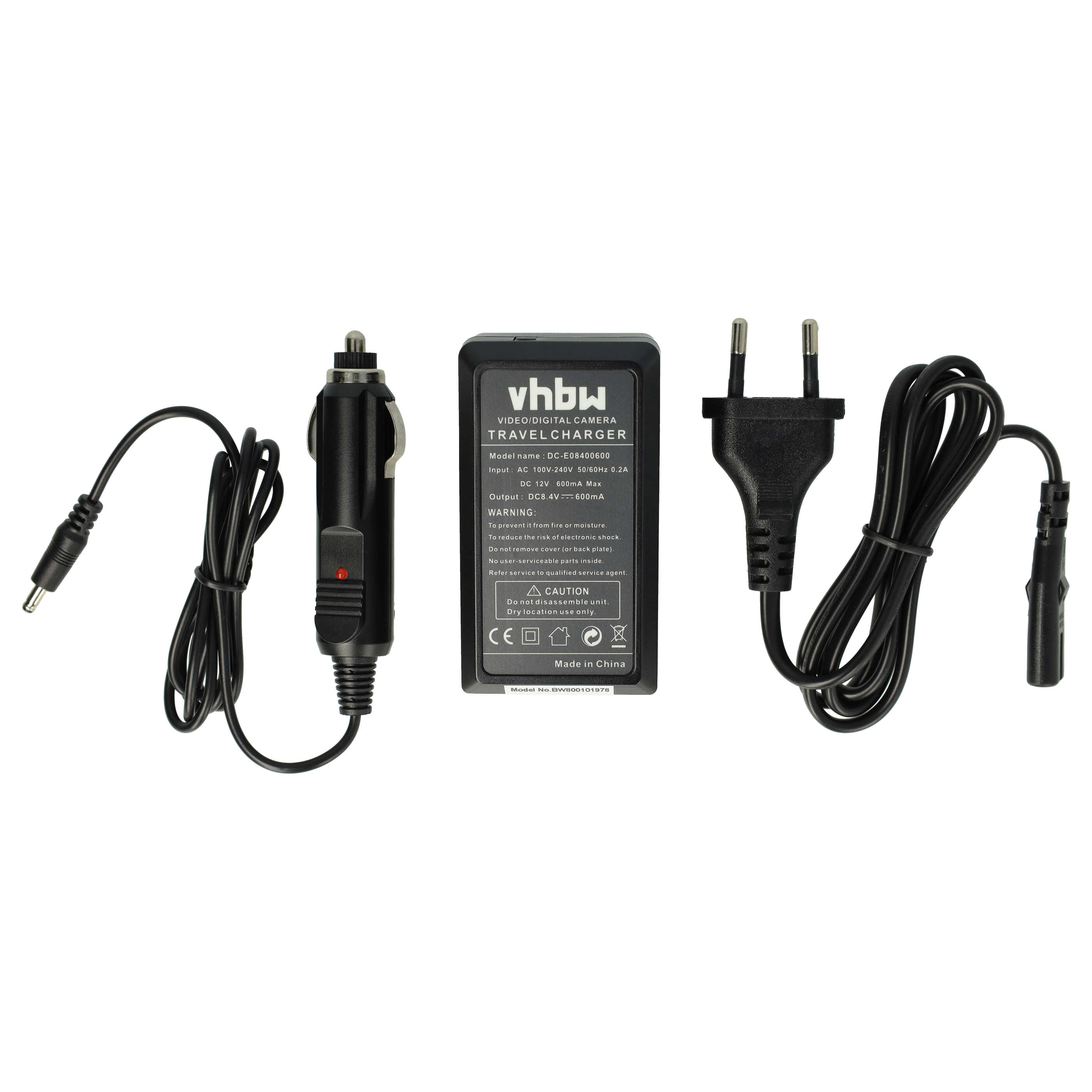 Ein schwarzes Reise-Ladegerät mit Auto-Adapter, Netzstecker und einem vhbw-Ladermodul.