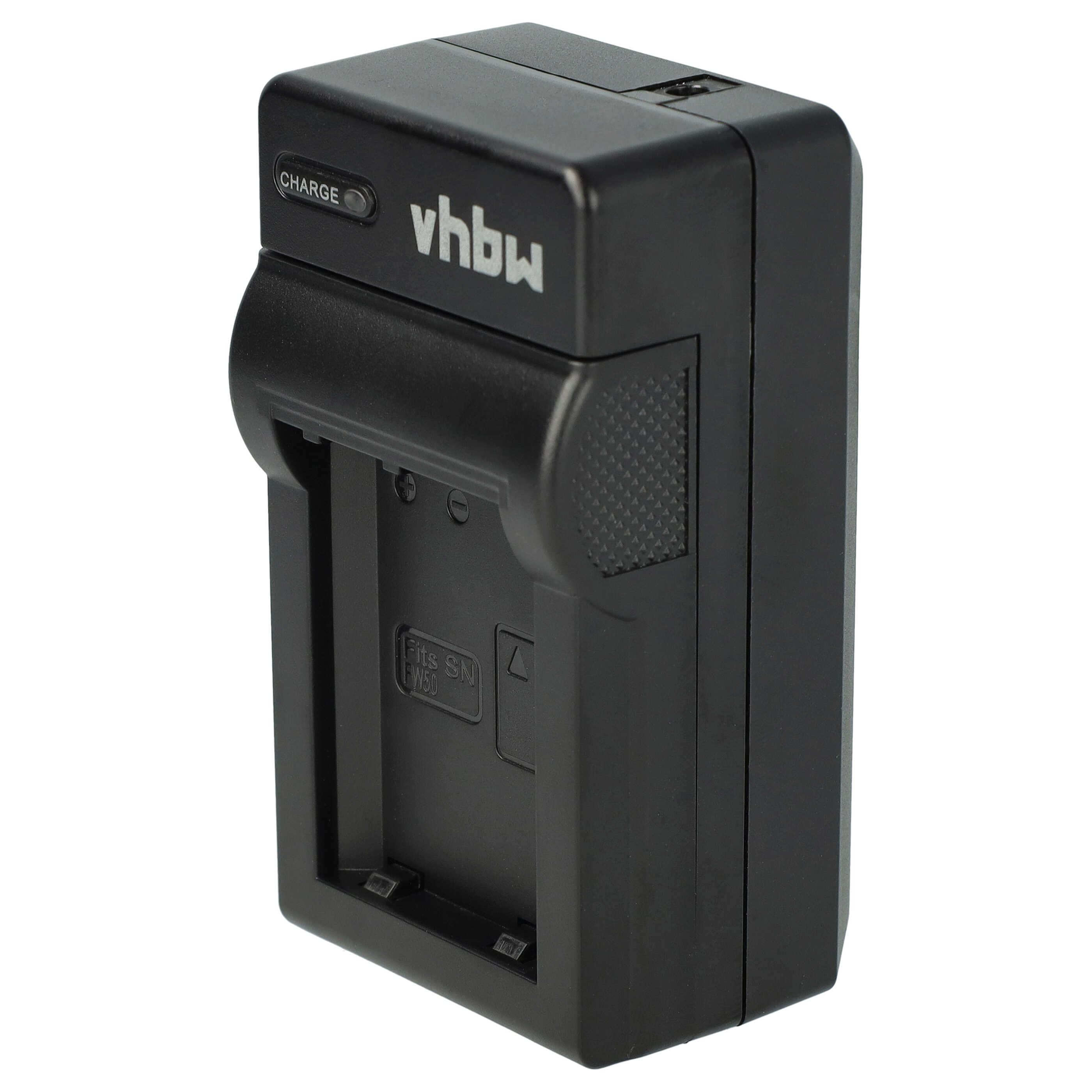 Schwarzes vhbw-Kamera-Batterieladegerät. Es hat ein 'CHARGE'-Licht und die Aufschrift 'Fits SN FW50'.