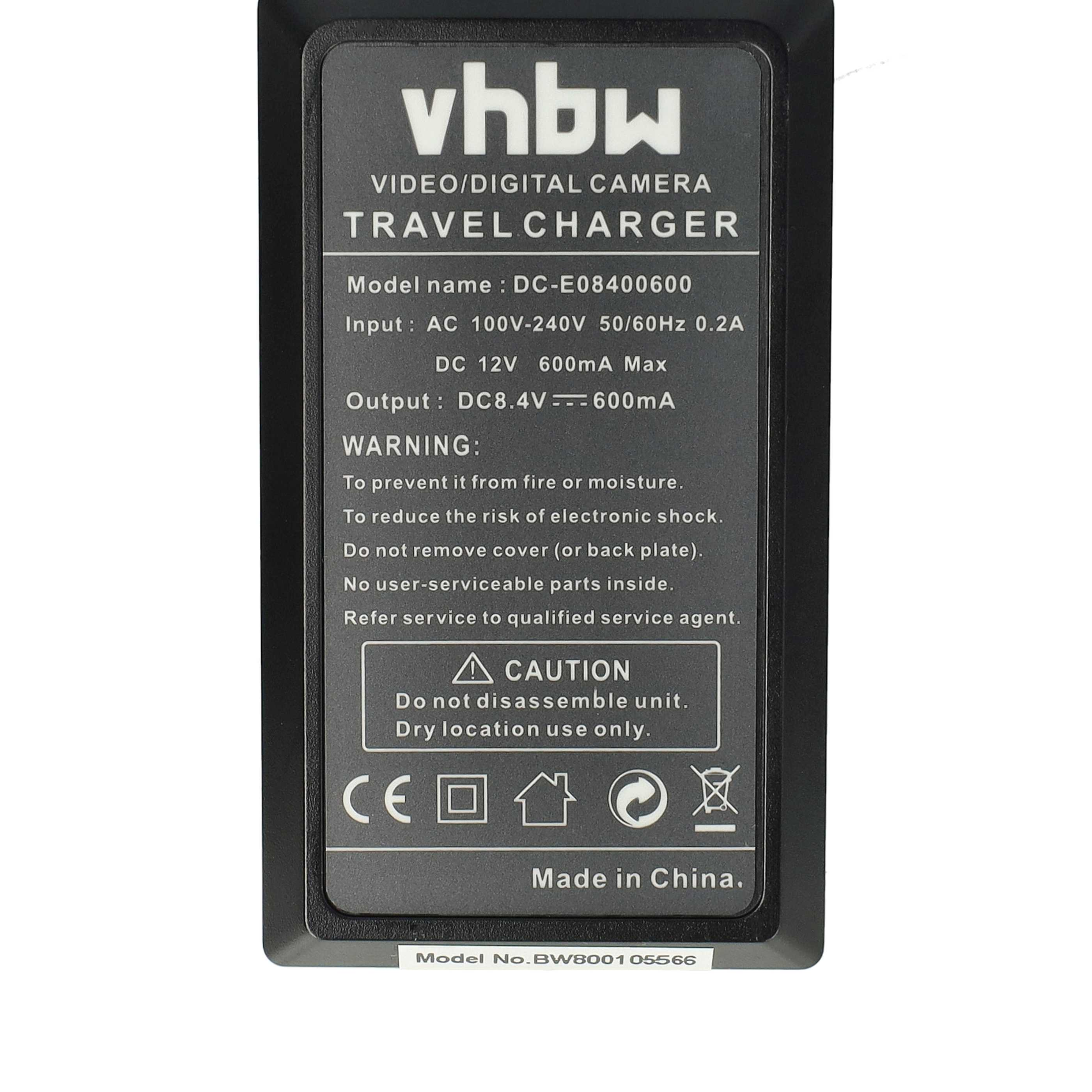 Ein schwarzes Reise-Ladegerät mit weißem Text. Es hat das vhbw-Logo, Modell- und Warnhinweise. Es ist Made in China.