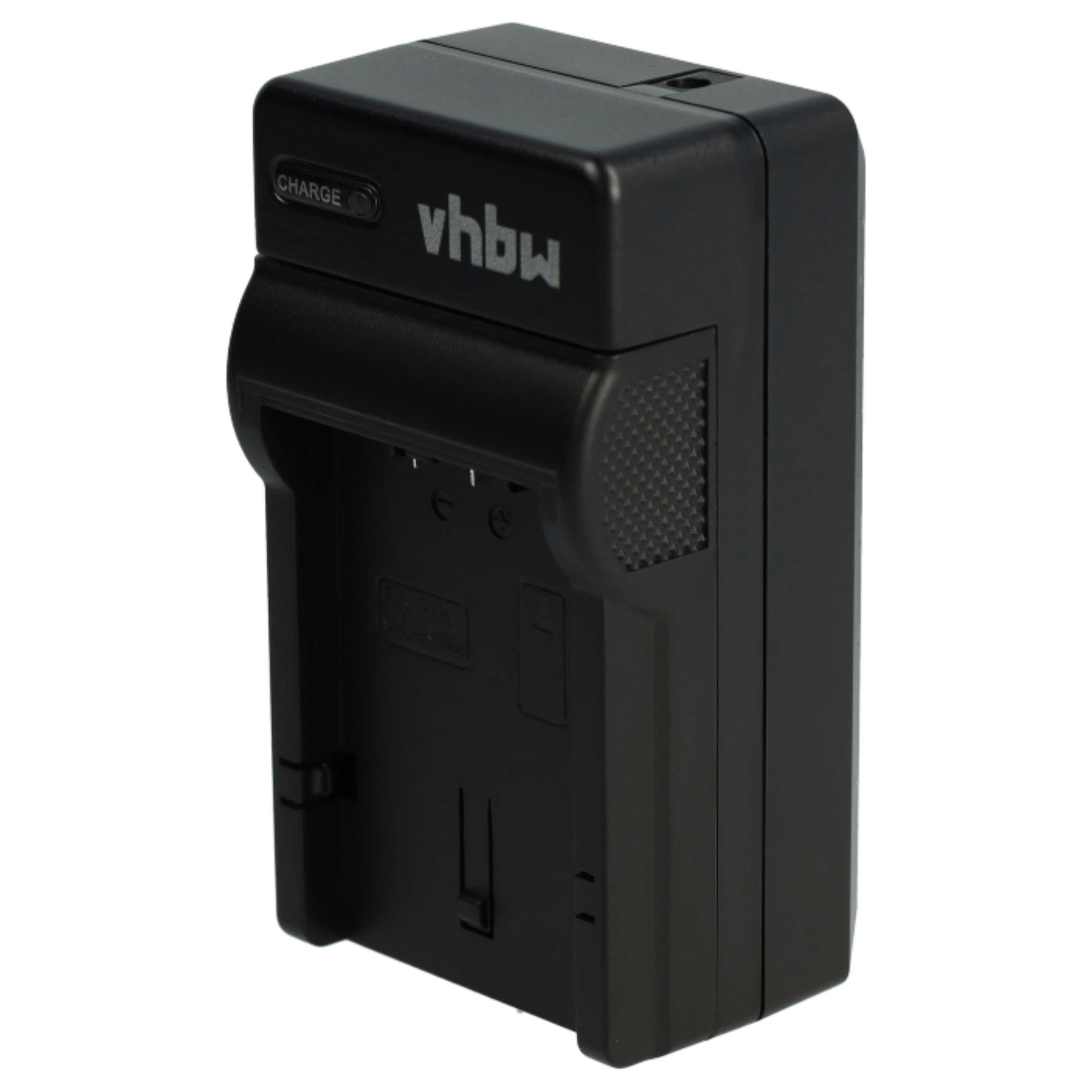 Schwarzes Kamera-Akkuladegerät mit 'vhbw' und 'CHARGE'-Text. Es hat einen Ladeschacht und einen strukturierten Griffbereich.