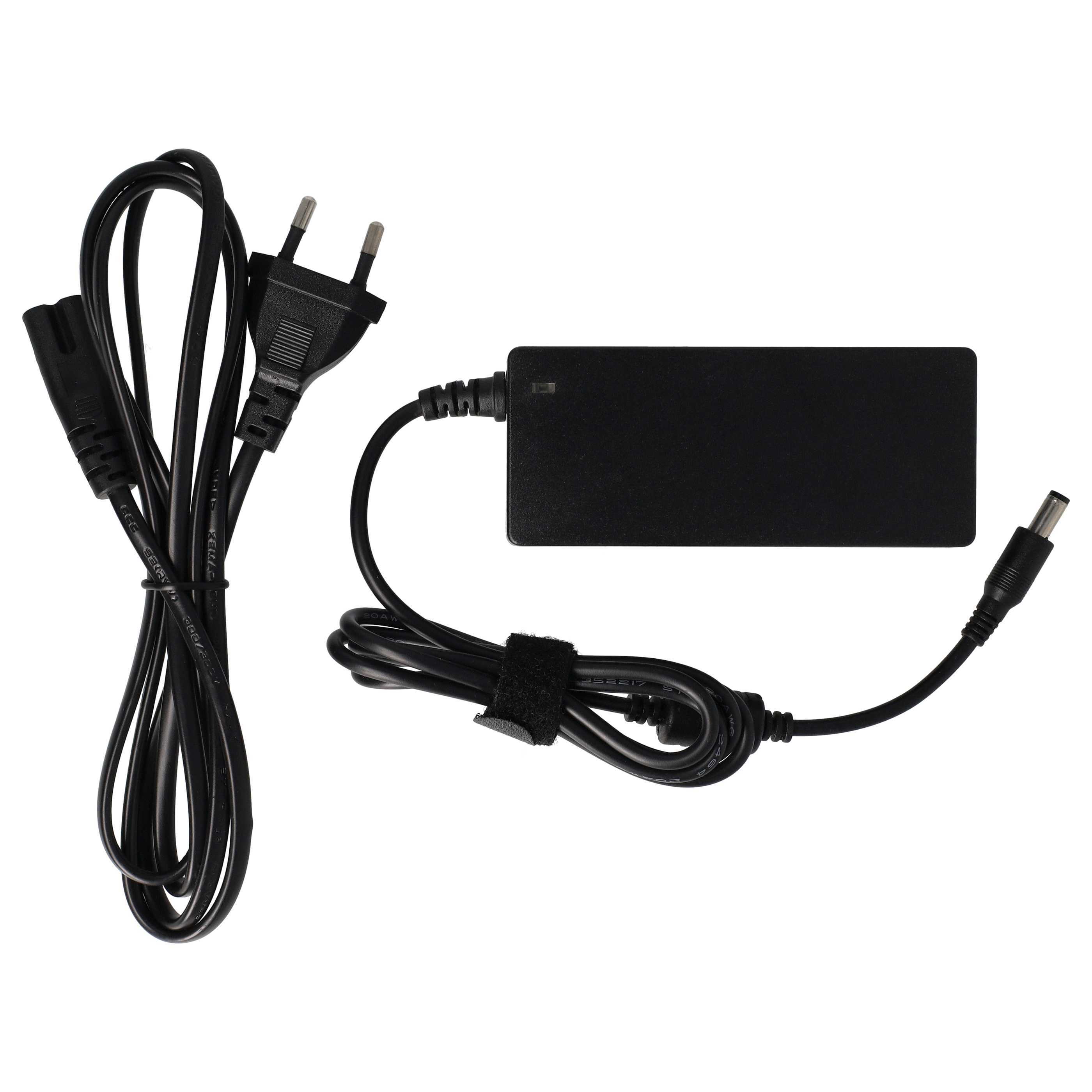 Schwarzes Laptop-Netzteil mit Stecker und Kabel auf weißem Hintergrund.