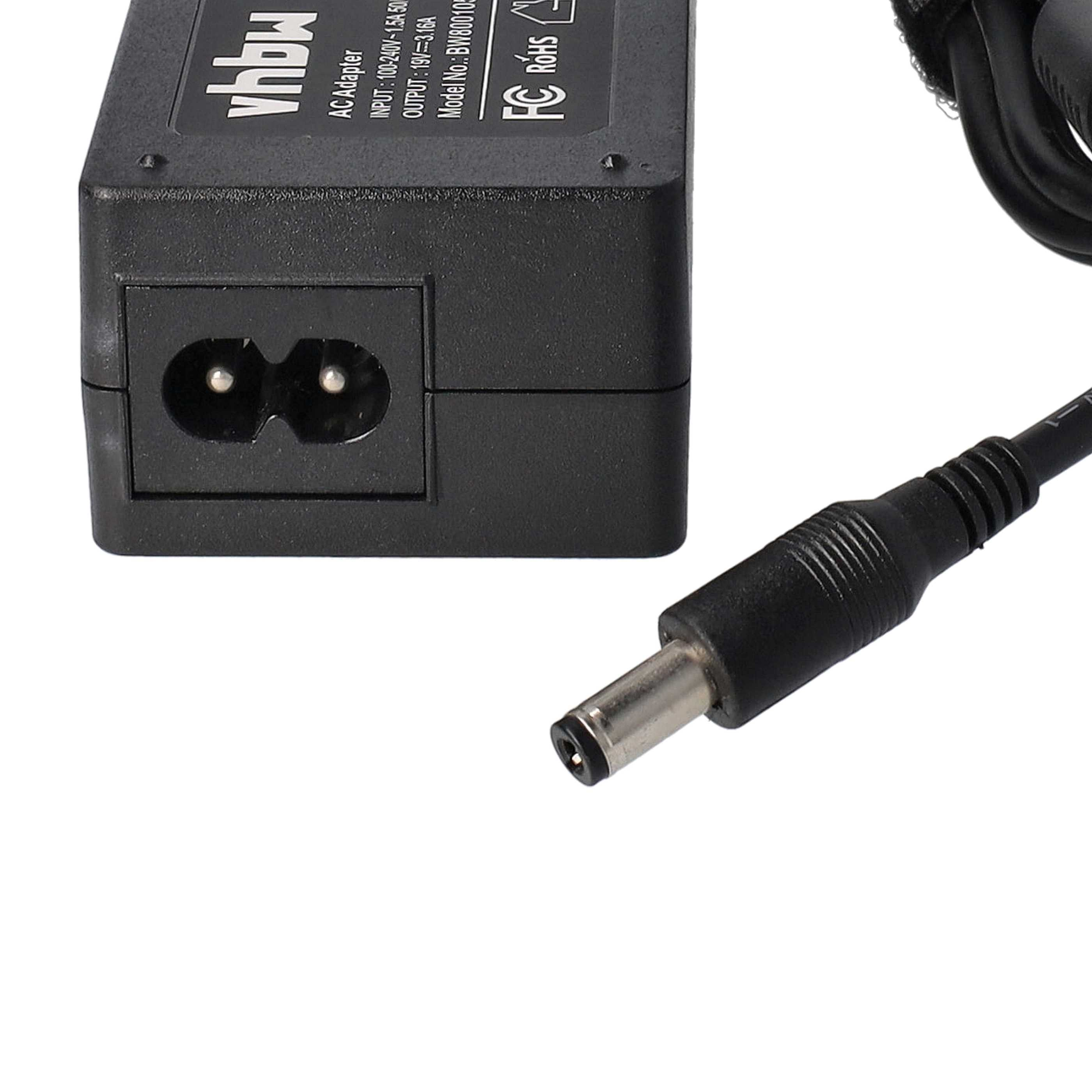 Schwarzes AC-Adapter mit Stecker und Ladekabel. Der Adapter hat Text, und das Kabel hat einen DC-Anschluss.