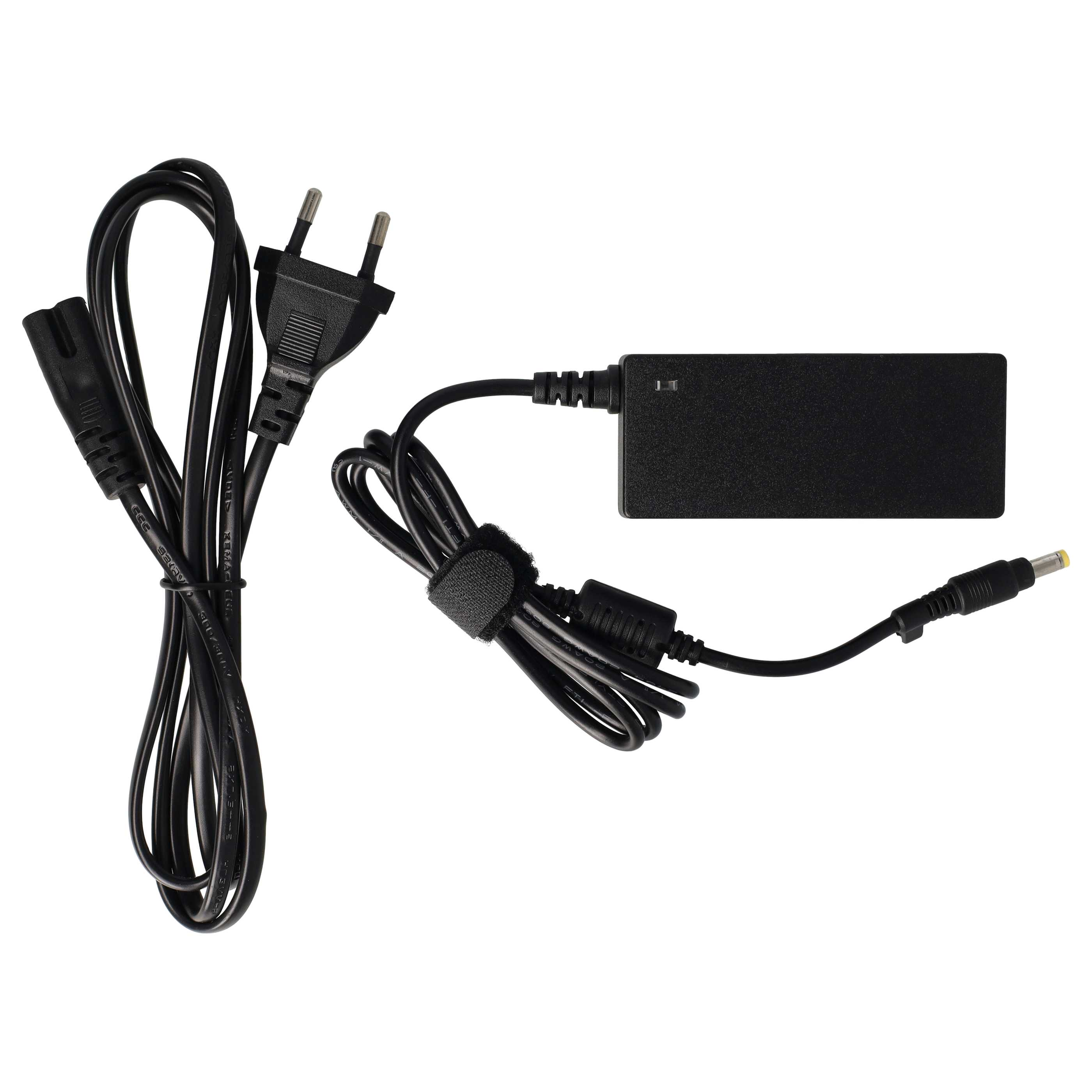 Schwarzes Laptop-Netzteil mit Kabeln und Stecker, auf weißer Oberfläche. Der Adapter ist rechteckig.