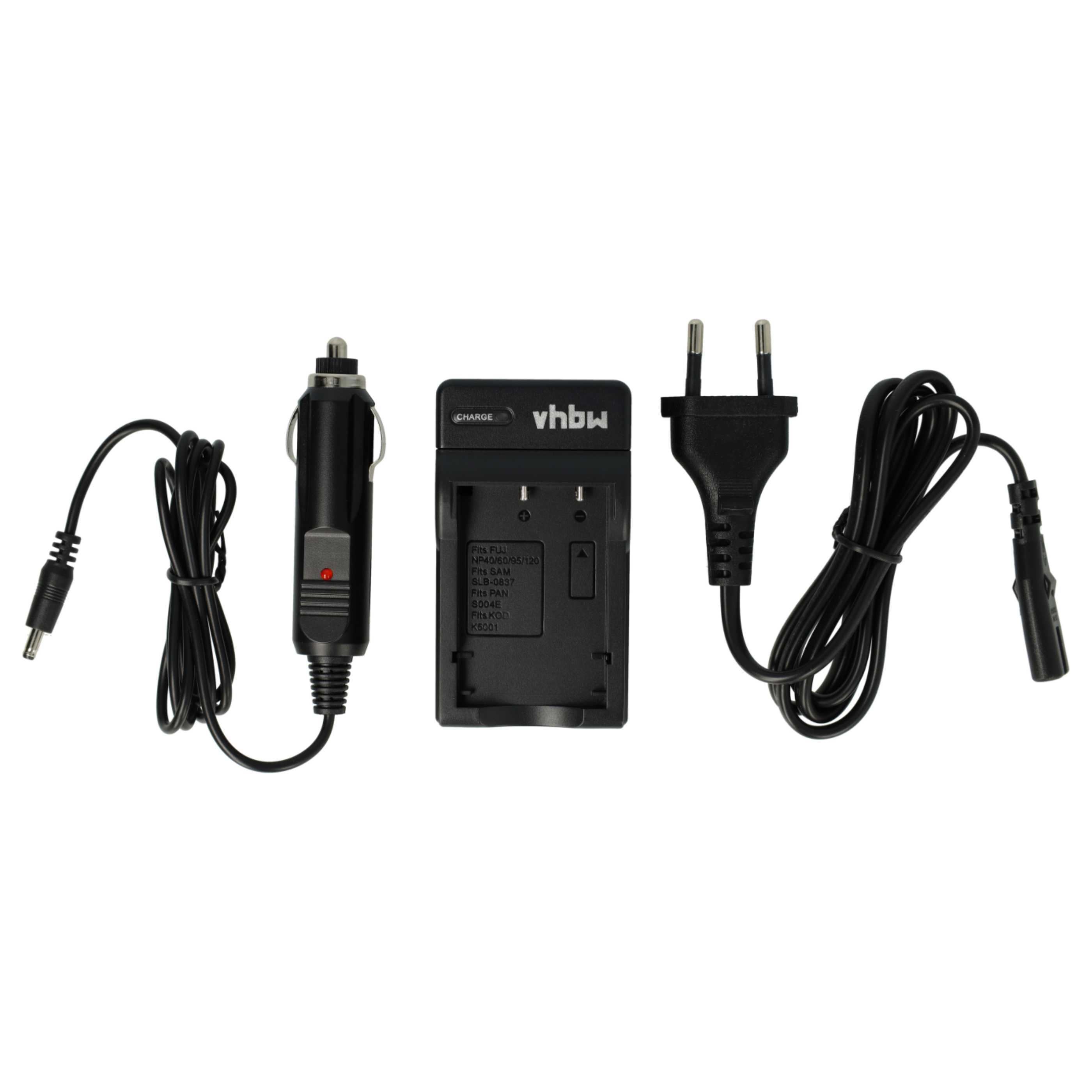 Ein schwarzes Kamerabatterieladegerät mit Kabeln und einem Autoadapter. Das Ladegerät hat den Markennamen "vhbw".