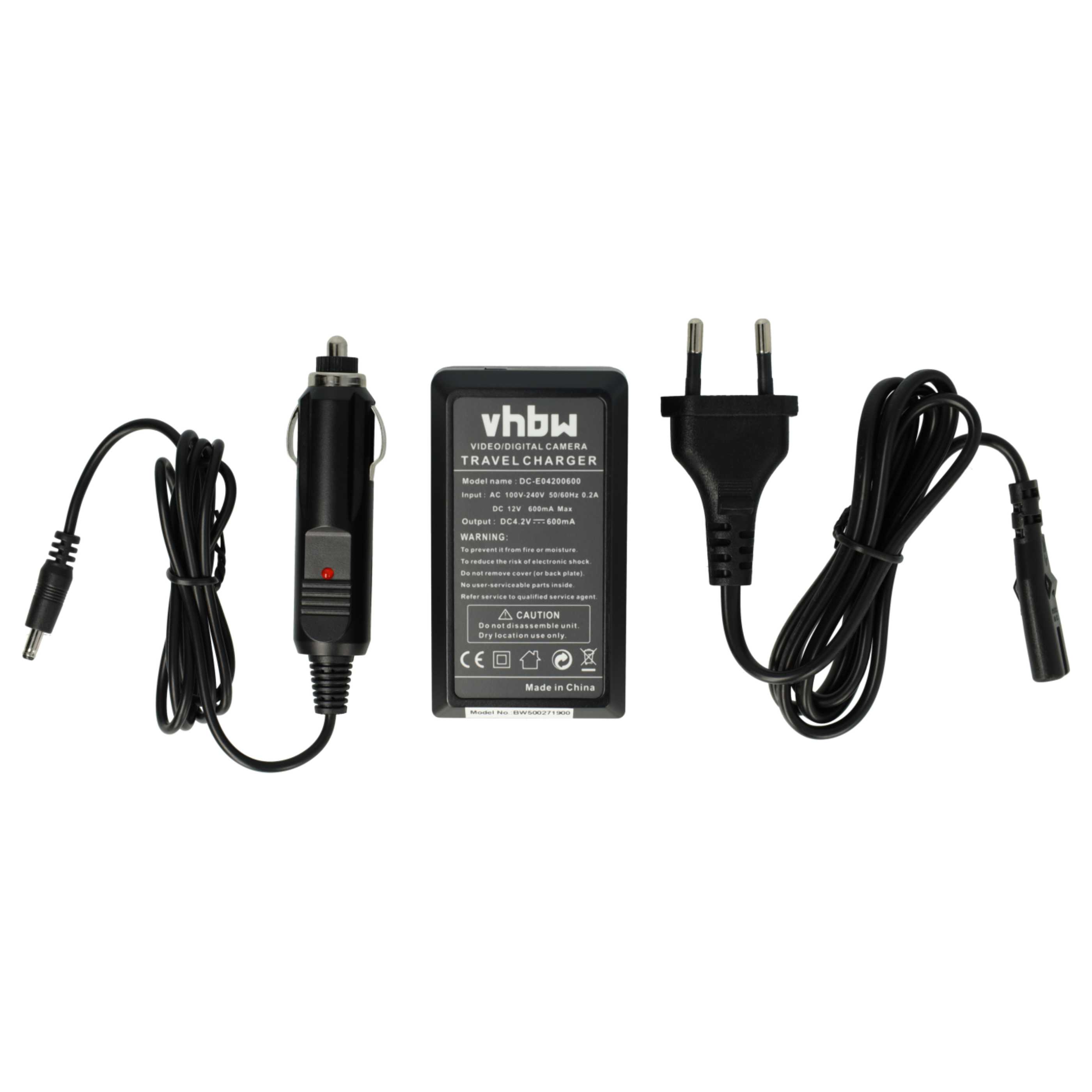 Schwarzes Reise-Ladegerät, Auto-Adapter und Stecker mit schwarzen Kabeln auf weißem Hintergrund.