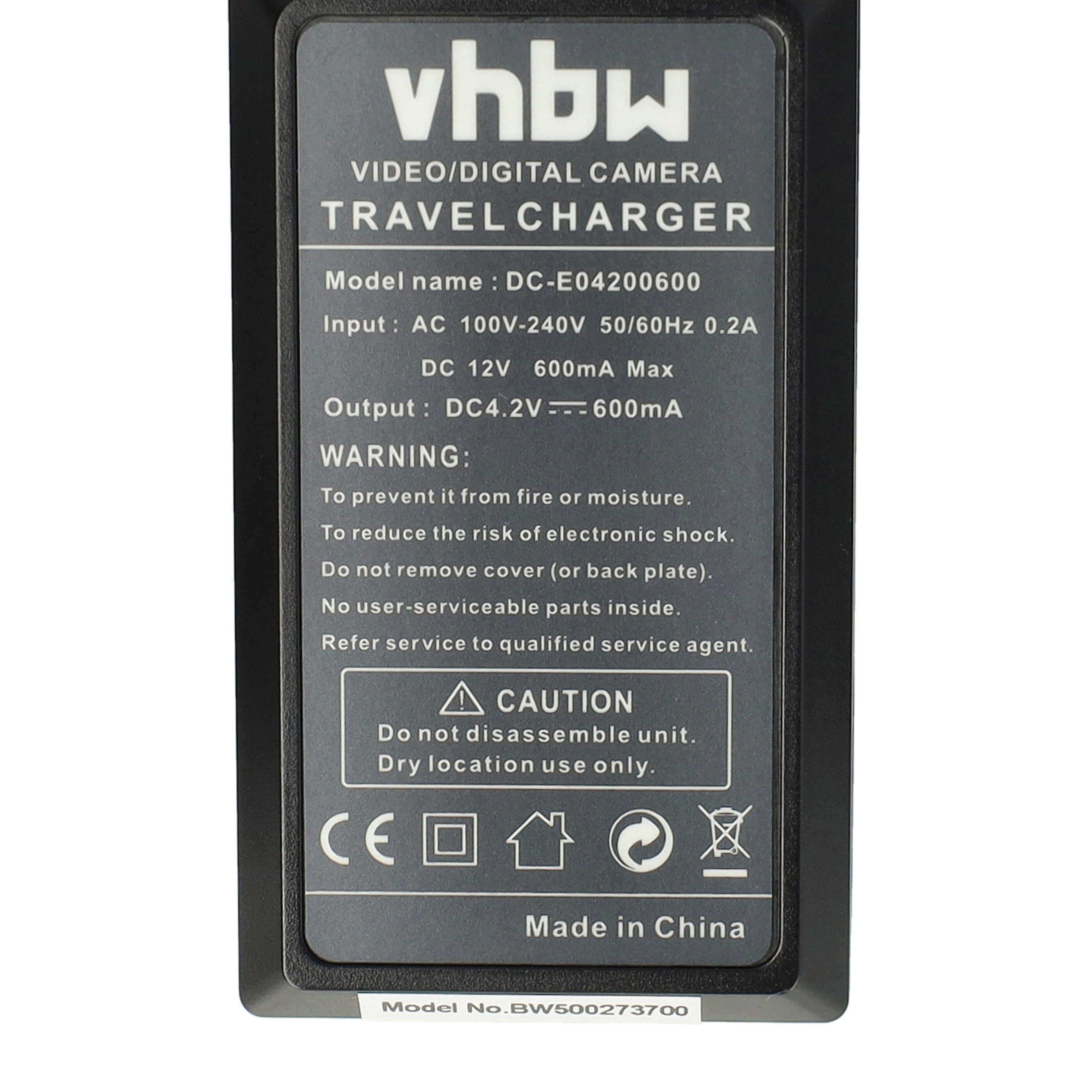 Schwarzes Ladegerät mit weißem Text. Liest sich 'vhbw', 'Travel Charger', Modell DC-E04200600. Warnhinweise sind aufgeführt.