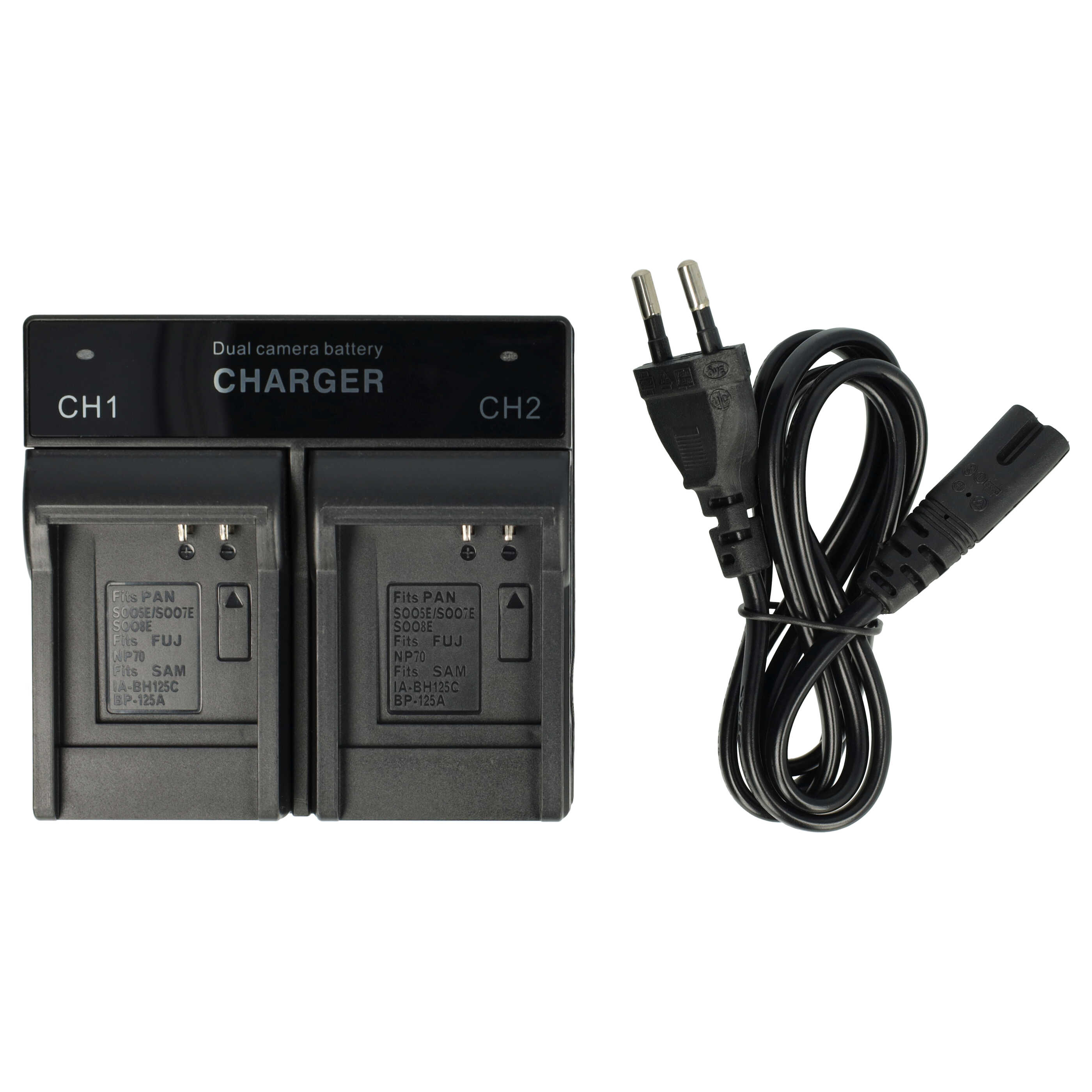 Ein schwarzes Dual-Kamera-Batterieladegerät mit Netzkabel. Das Ladegerät hat zwei Steckplätze und Etiketten. Das Kabel ist schwarz.
