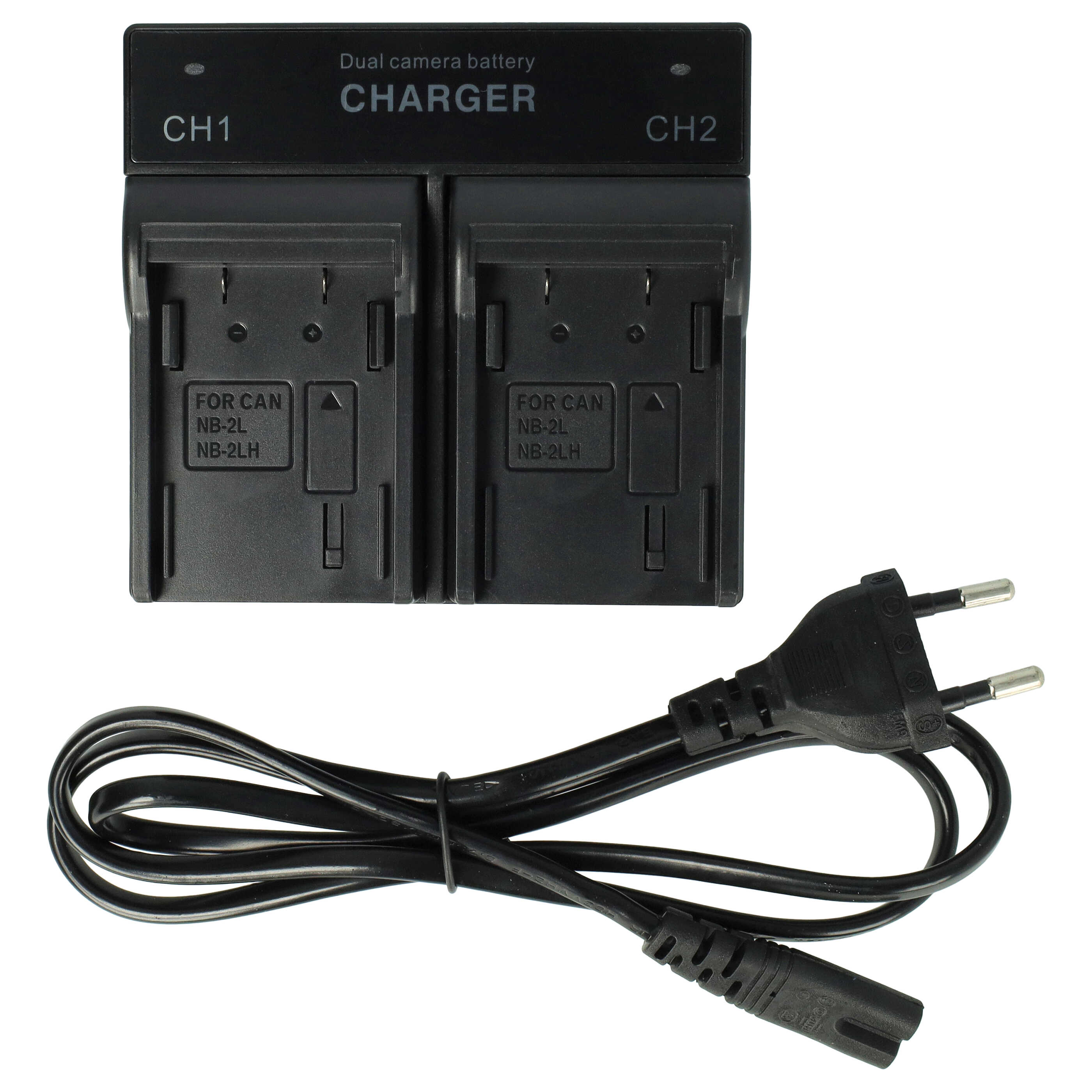 Ein schwarzes Dual-Kamera-Batterieladegerät mit Netzkabel. Das Ladegerät hat zwei Schlitze und Etiketten. Das Kabel ist aufgerollt.