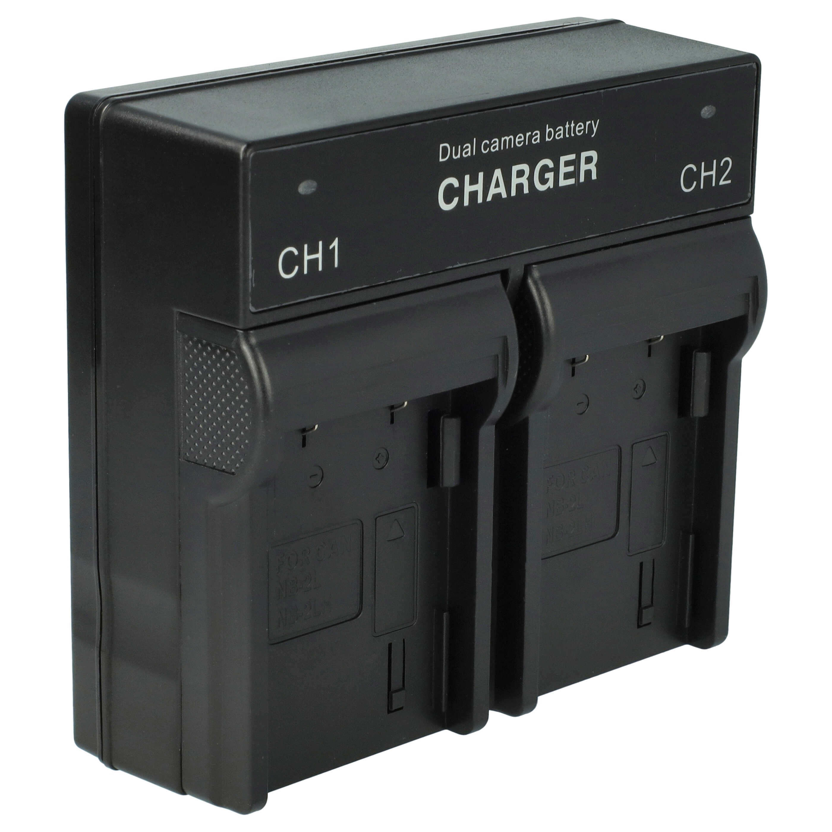 Ein schwarzes Dual-Kamera-Akkuladegerät. Es hat zwei Schlitze, CH1 und CH2, und das Wort CHARGER steht darauf.