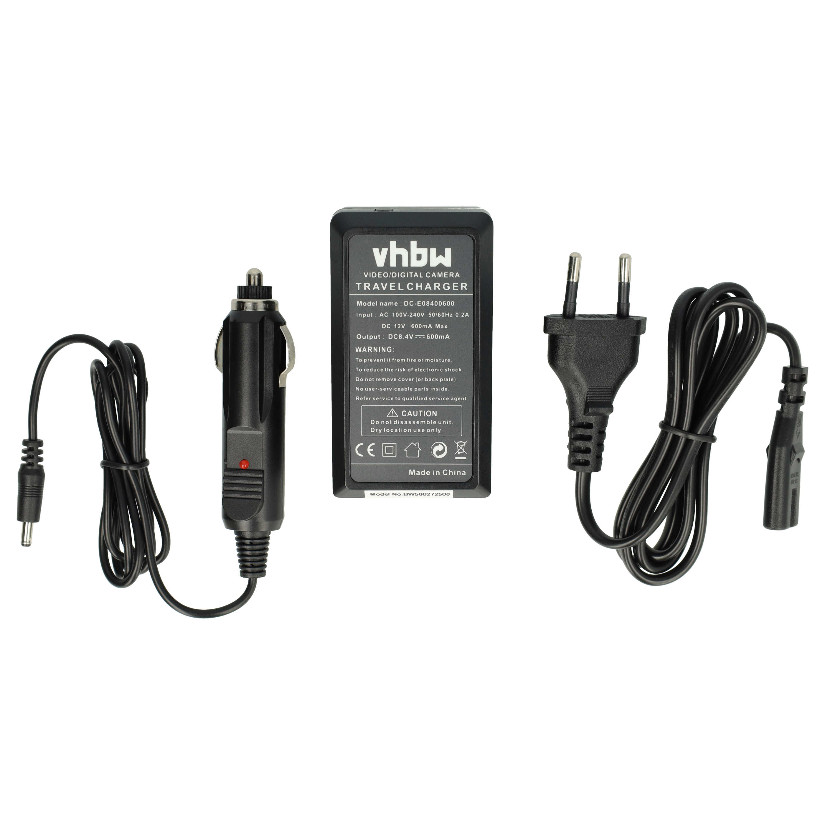 Ein Kameragladegerät mit Auto- und Netzadapter. Das Ladegerät ist schwarz und hat Text.