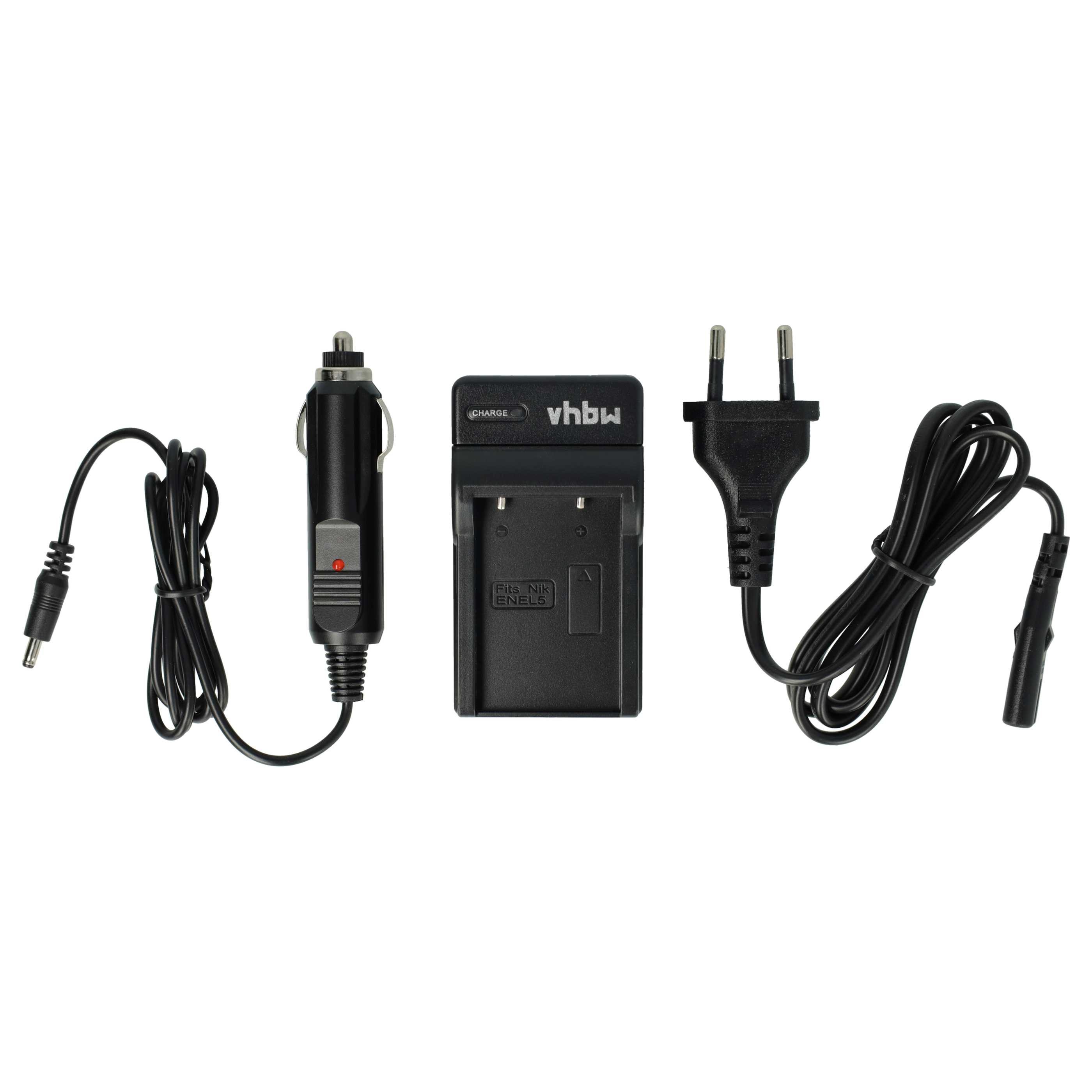 Schwarzes Kamera-Akkuladegerät-Set mit Auto-Adapter und Stecker. Enthält ein Ladegerät, einen Auto-Adapter und ein Netzkabel.