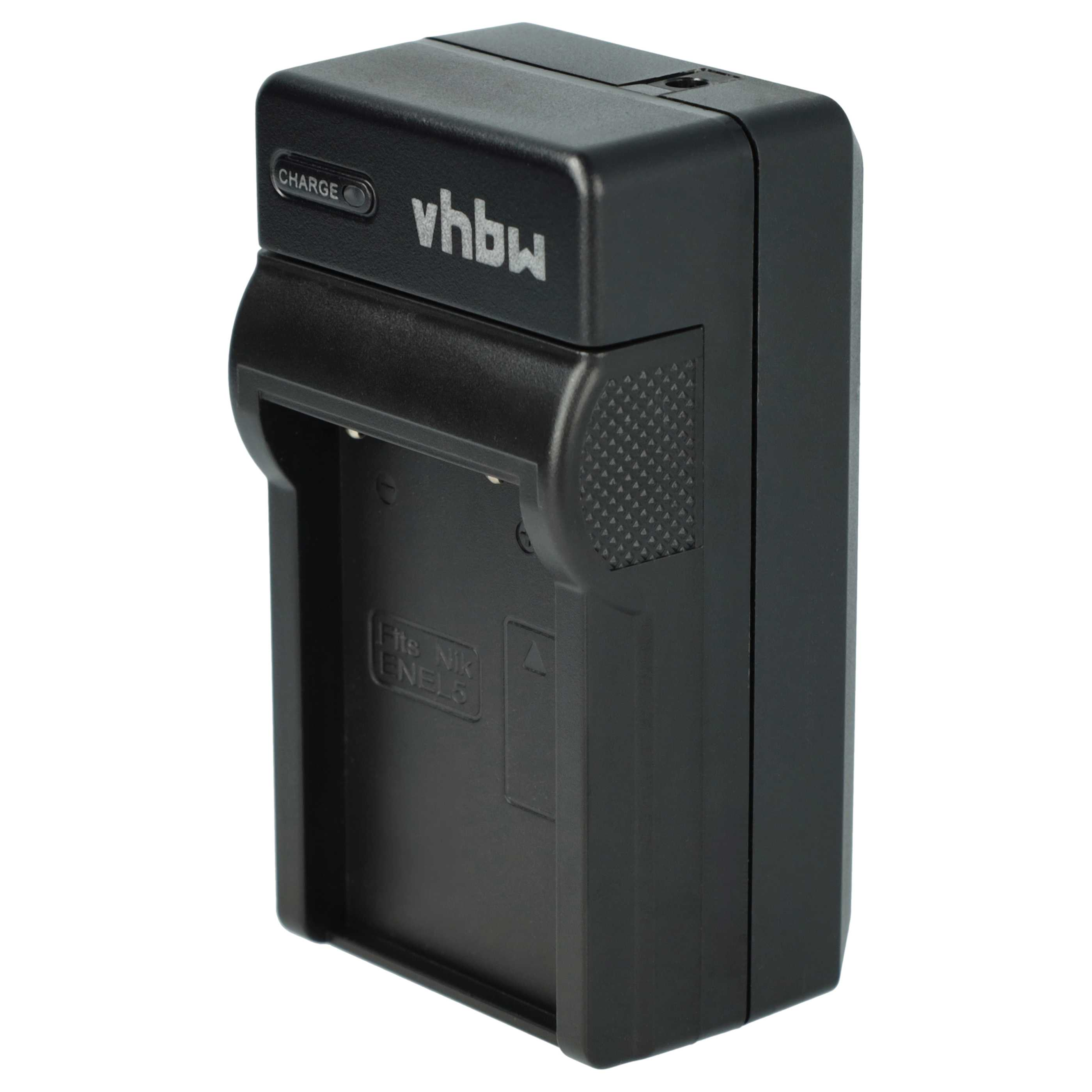 Ein schwarzes vhbw-Batterieladegerät. Auf dem Ladegerät sind die Wörter "CHARGE" und "vhbw" aufgedruckt. Der Hintergrund ist weiß.