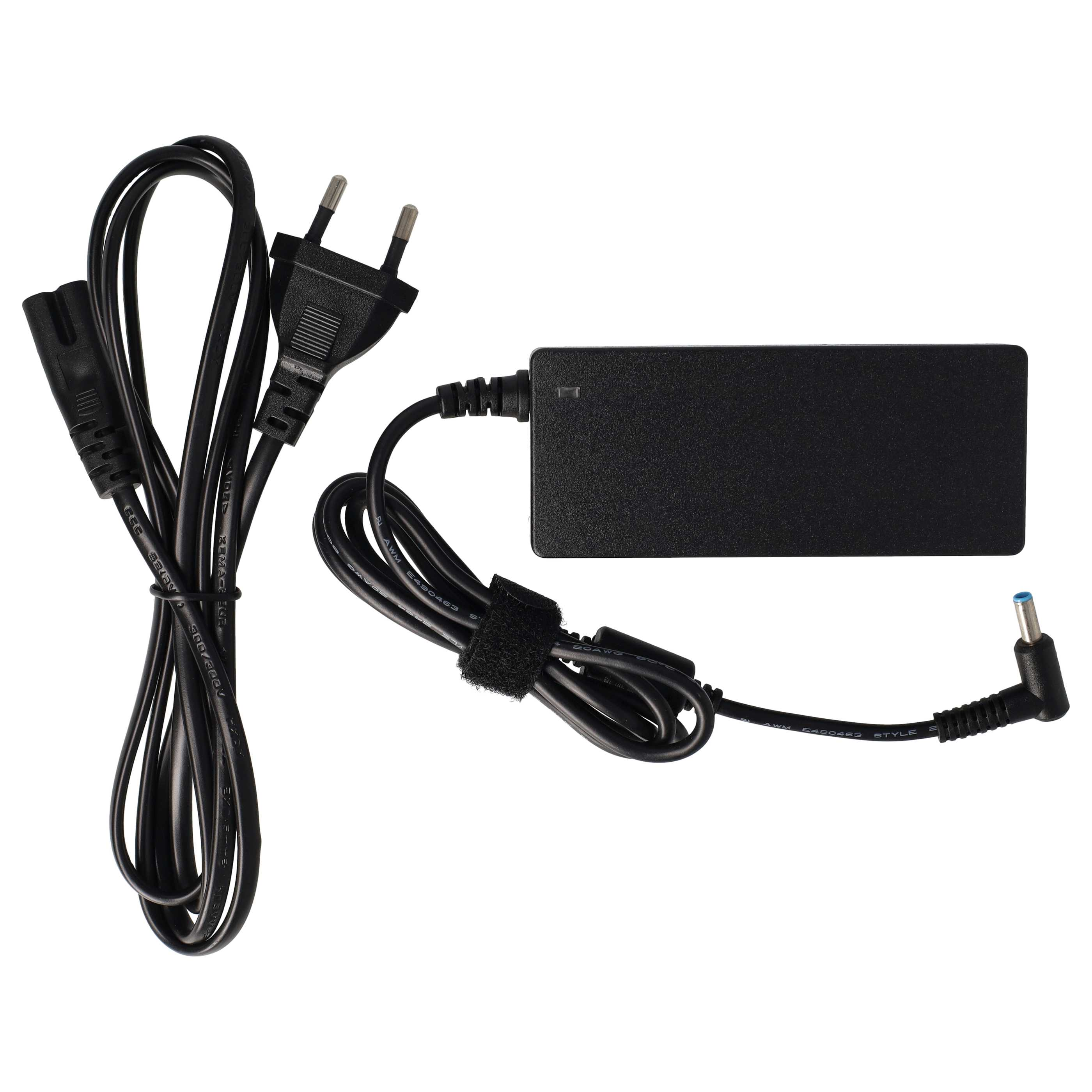 Ein schwarzes Laptop-Ladegerät auf weißem Untergrund. Es hat ein Netzteil, Kabel und Stecker.