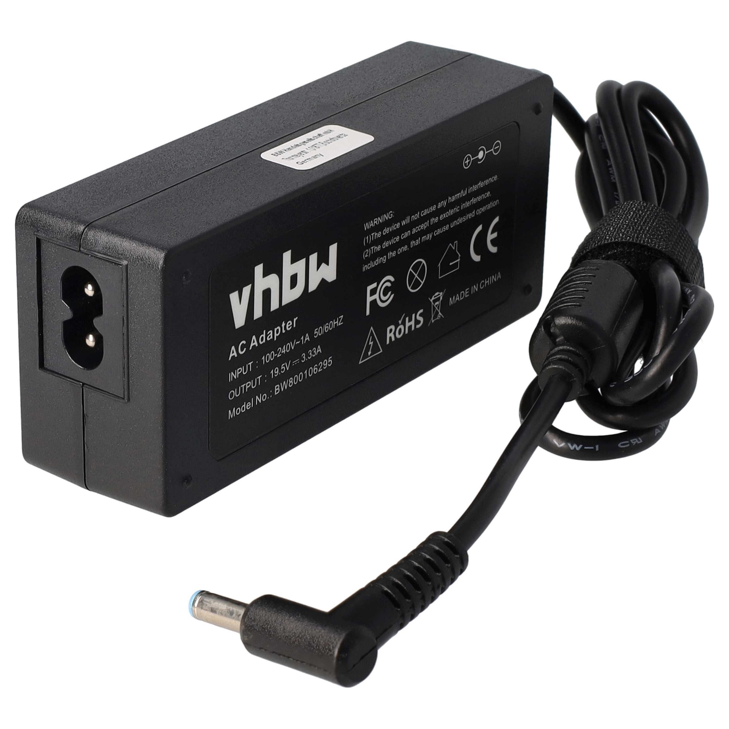 Schwarzes AC-Adapter mit Netzkabel und Stecker. Es hat weißen Text und Logos.