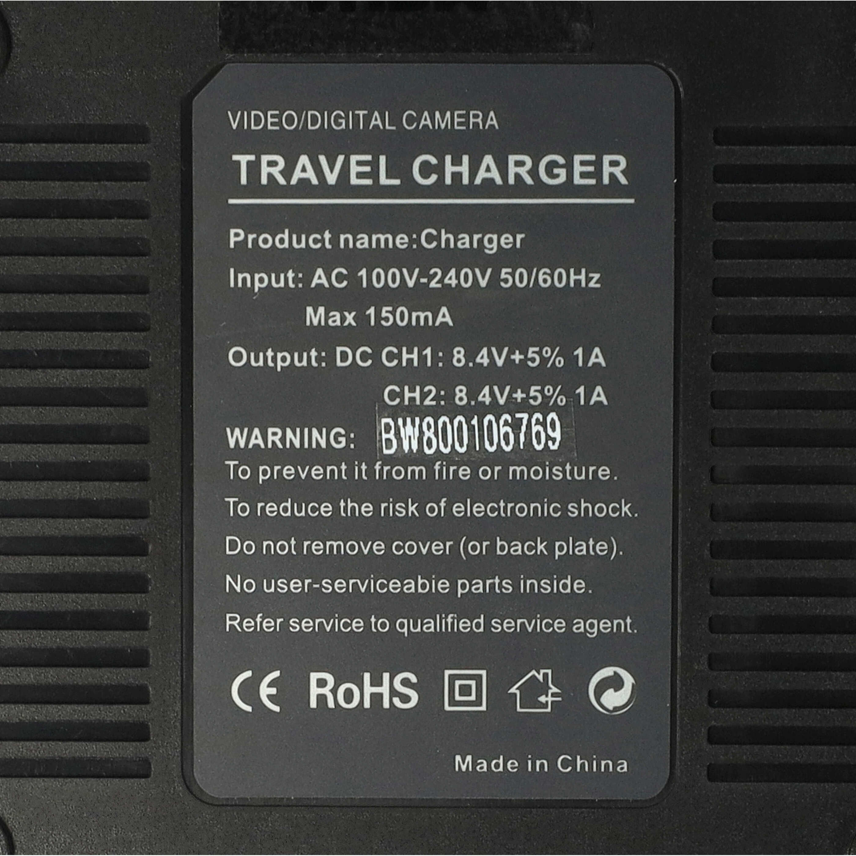 Schwarzes Reise-Ladegerät mit Text, einschließlich 'Charger', Eingangs- und Ausgangsdetails sowie Sicherheitshinweisen. Hergestellt in China.