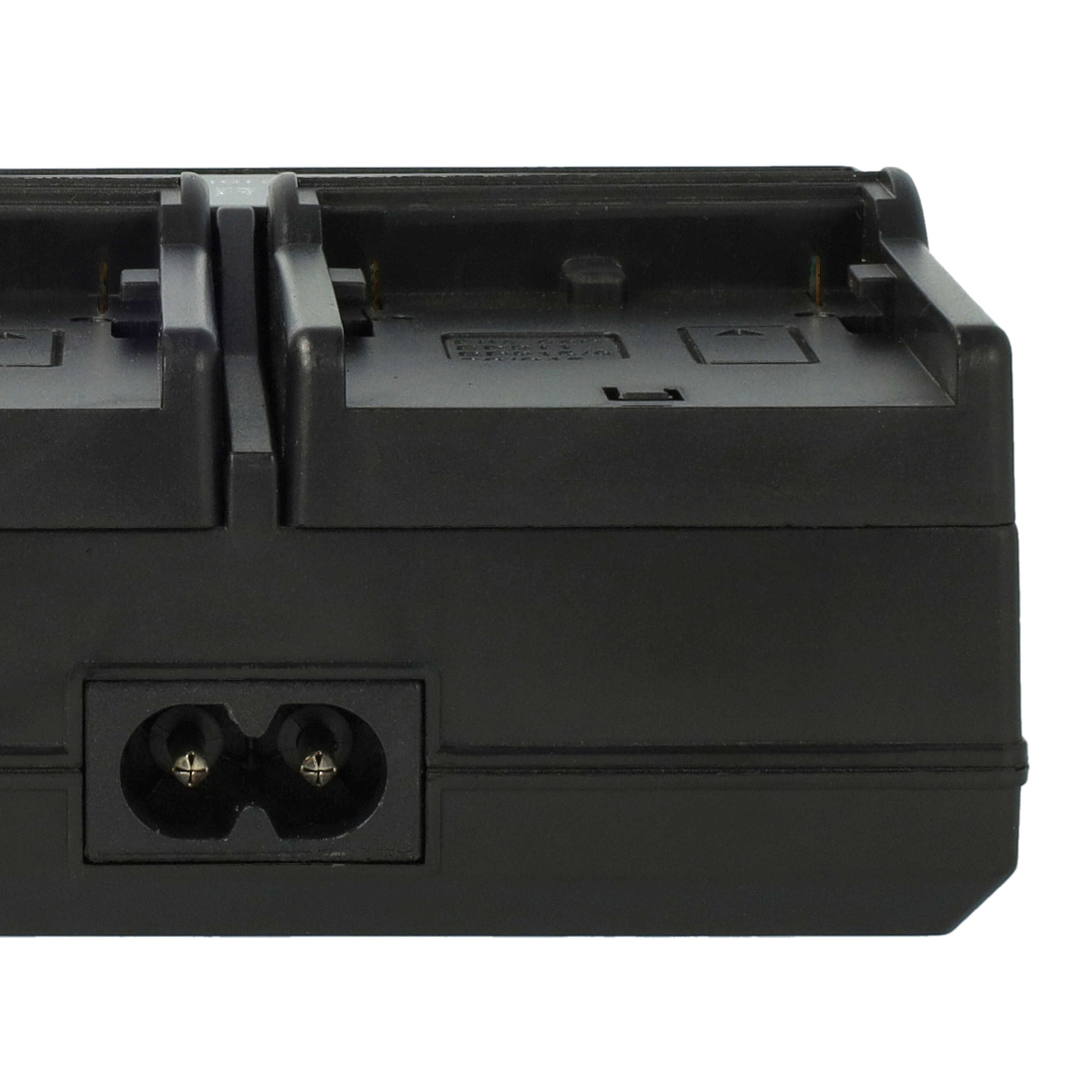 Schwarzes Batterieladegerät auf weißem Hintergrund. Es hat zwei Ladeschlitze und einen Stromeingang.