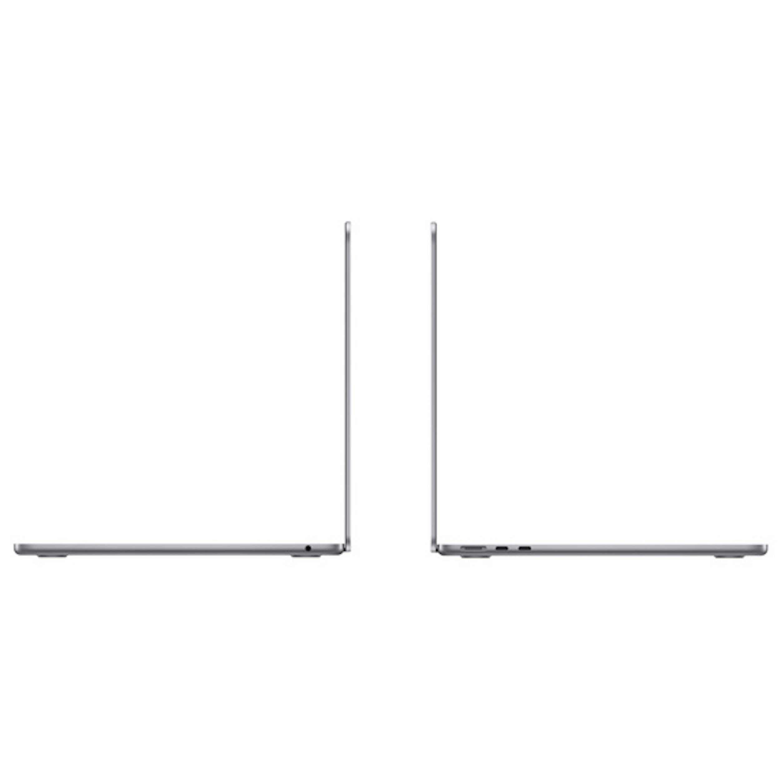 Dwa szare laptopy obok siebie, widok z boku na białym tle. Jeden ma port słuchawkowy.