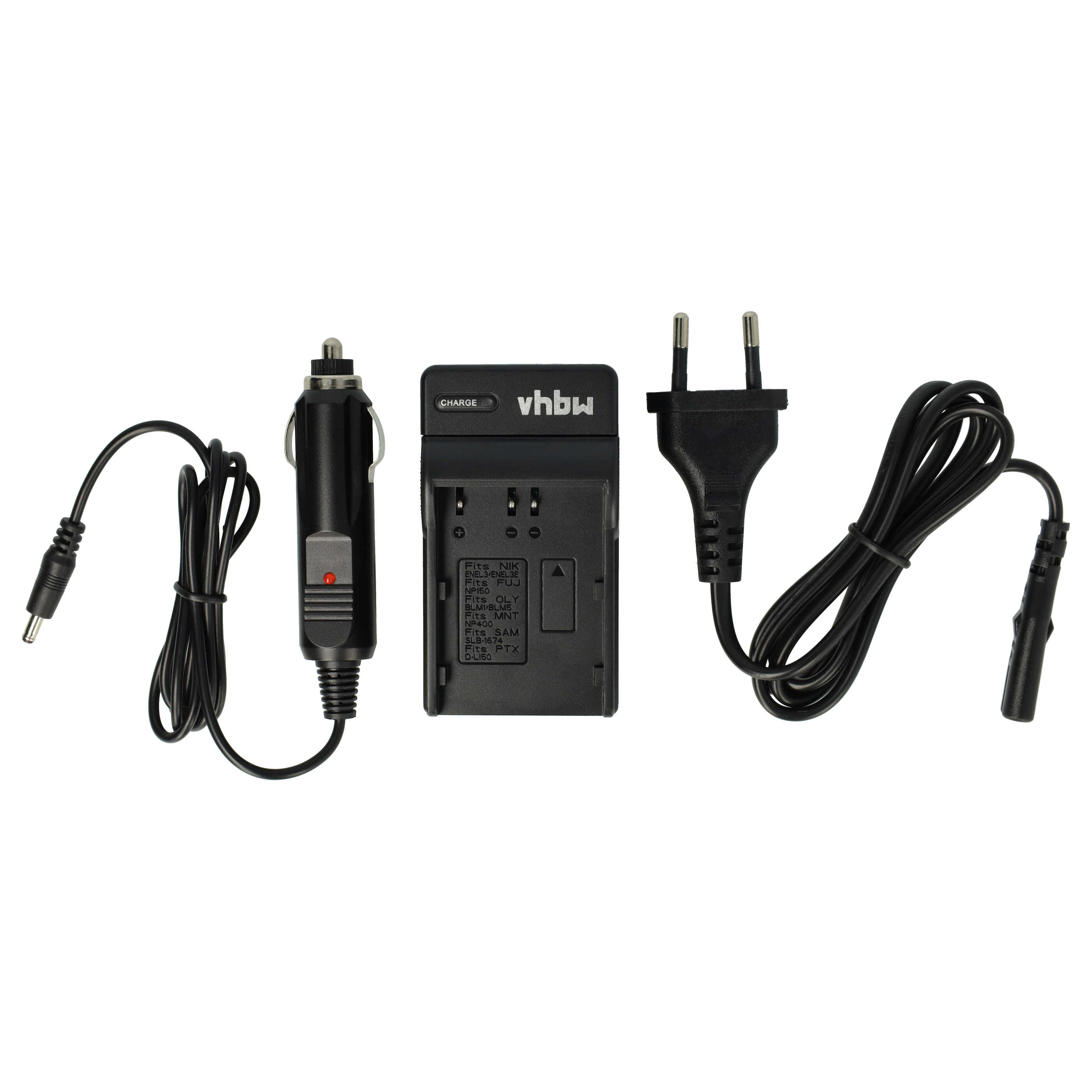 Schwarzes Kamer Ladegerät mit Netz- und Auto-Adaptern. Das Ladegerät hat ein vhbw Logo. Kabel sind aufgerollt und verbunden.
