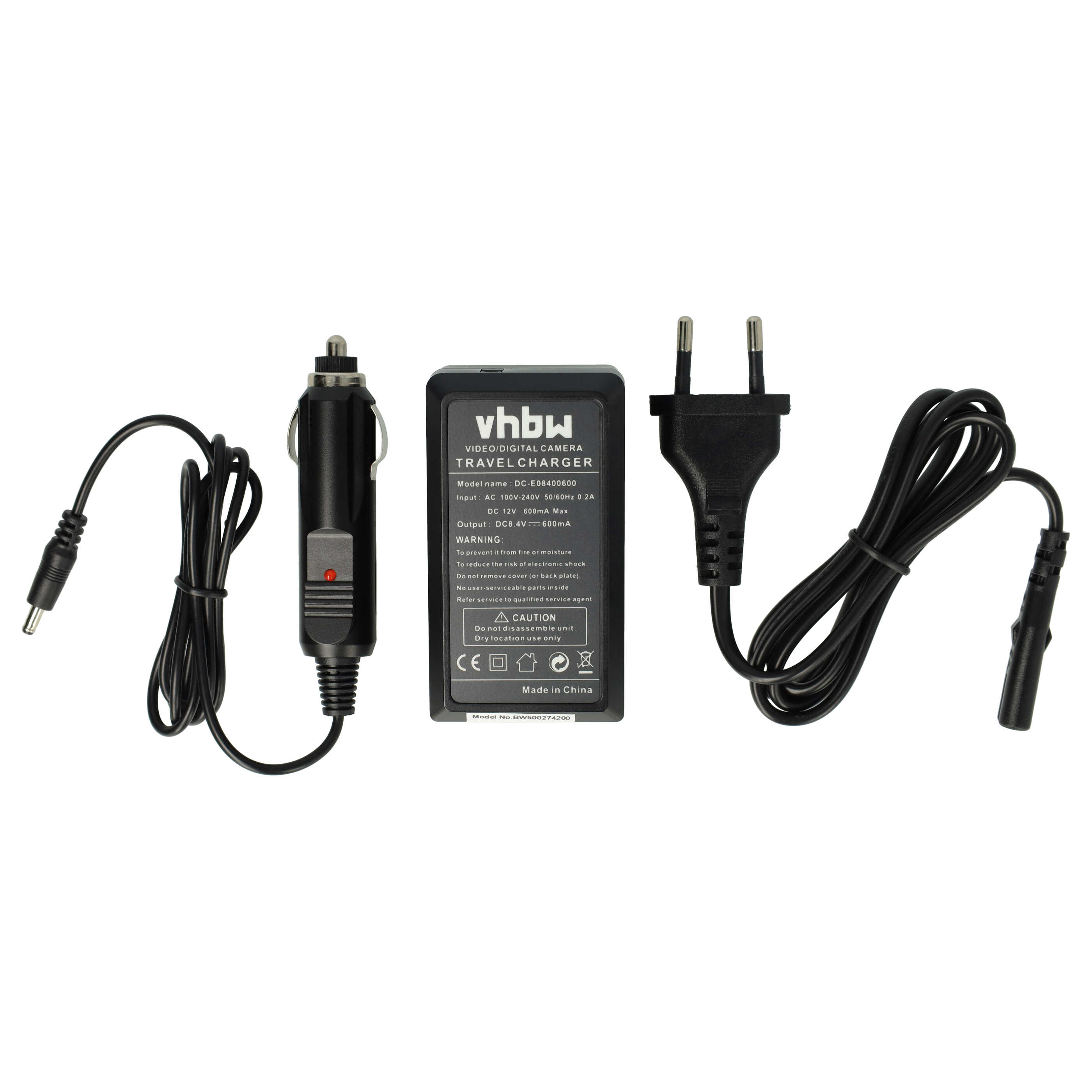 Ein schwarzes Reise-Ladegerät-Set mit Auto-Adapter, Ladegerät und Netzstecker, alles auf weißem Hintergrund.
