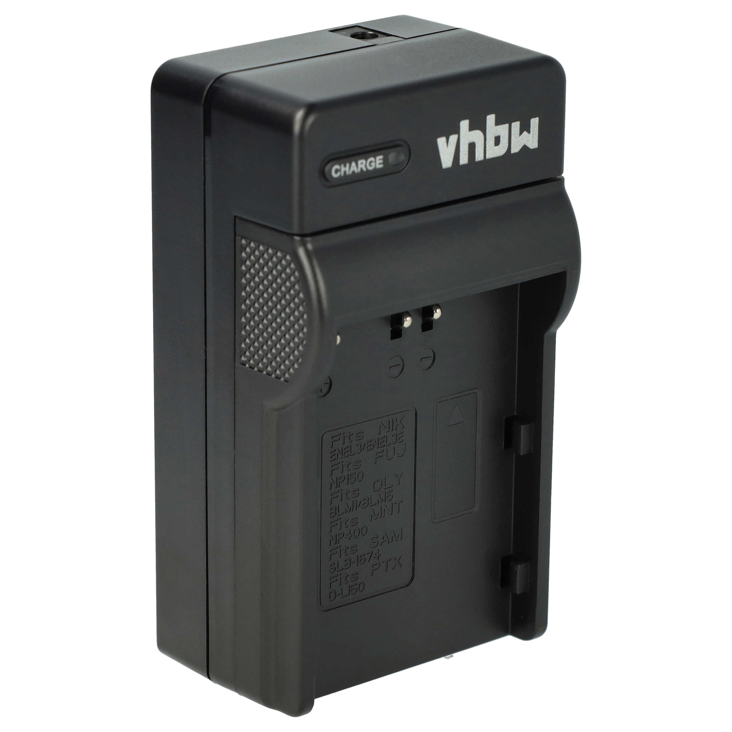 Schwarzes vhbw-Batterieladegerät. Es hat eine Ladeanzeige und listet kompatible Batteriemodelle auf. Weißer Hintergrund.