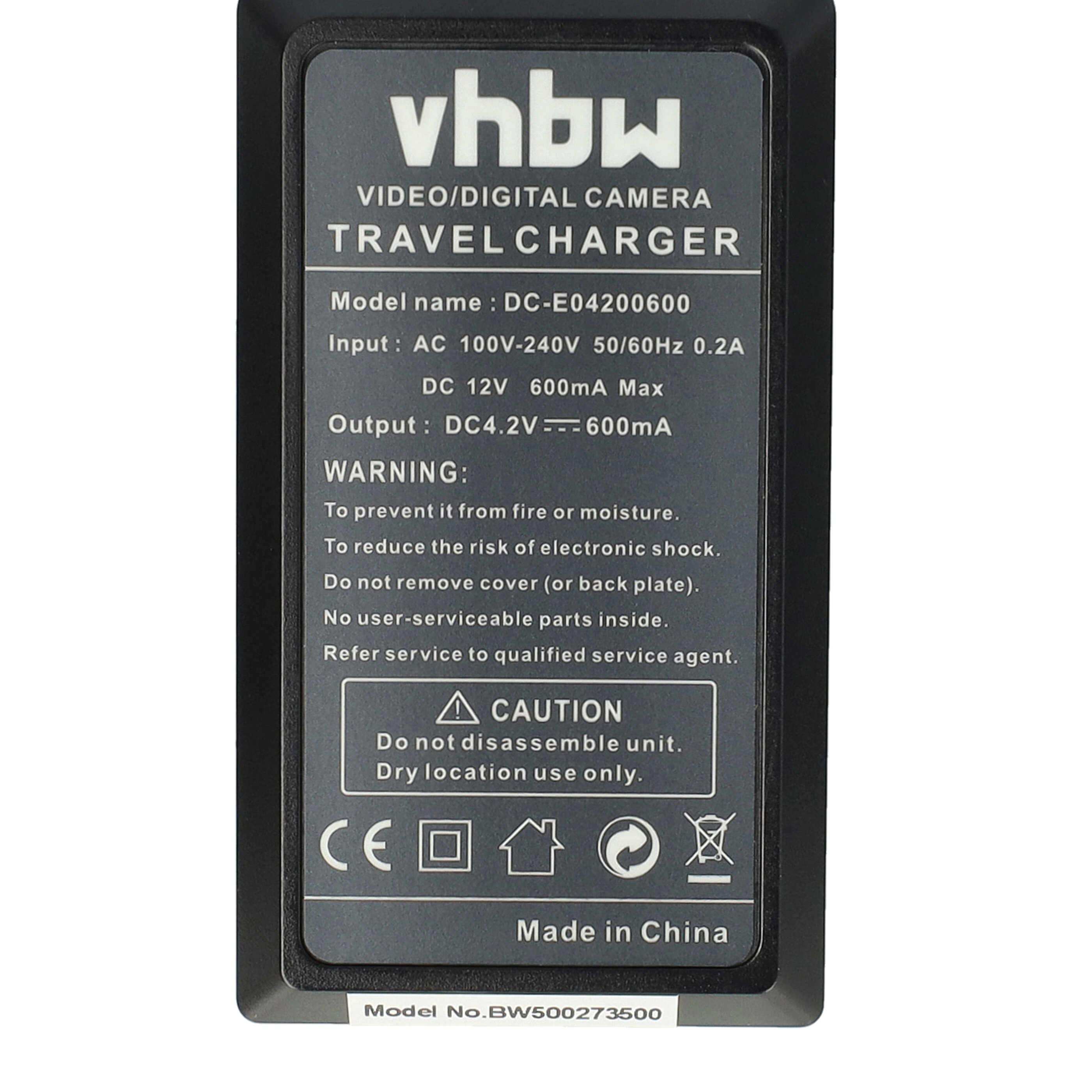 Ein schwarzes vhbw-Reiseladegerät-Etikett mit Text: Modellname, Eingang, Ausgang, Warnungen und Vorsichtshinweisen. Made in China.