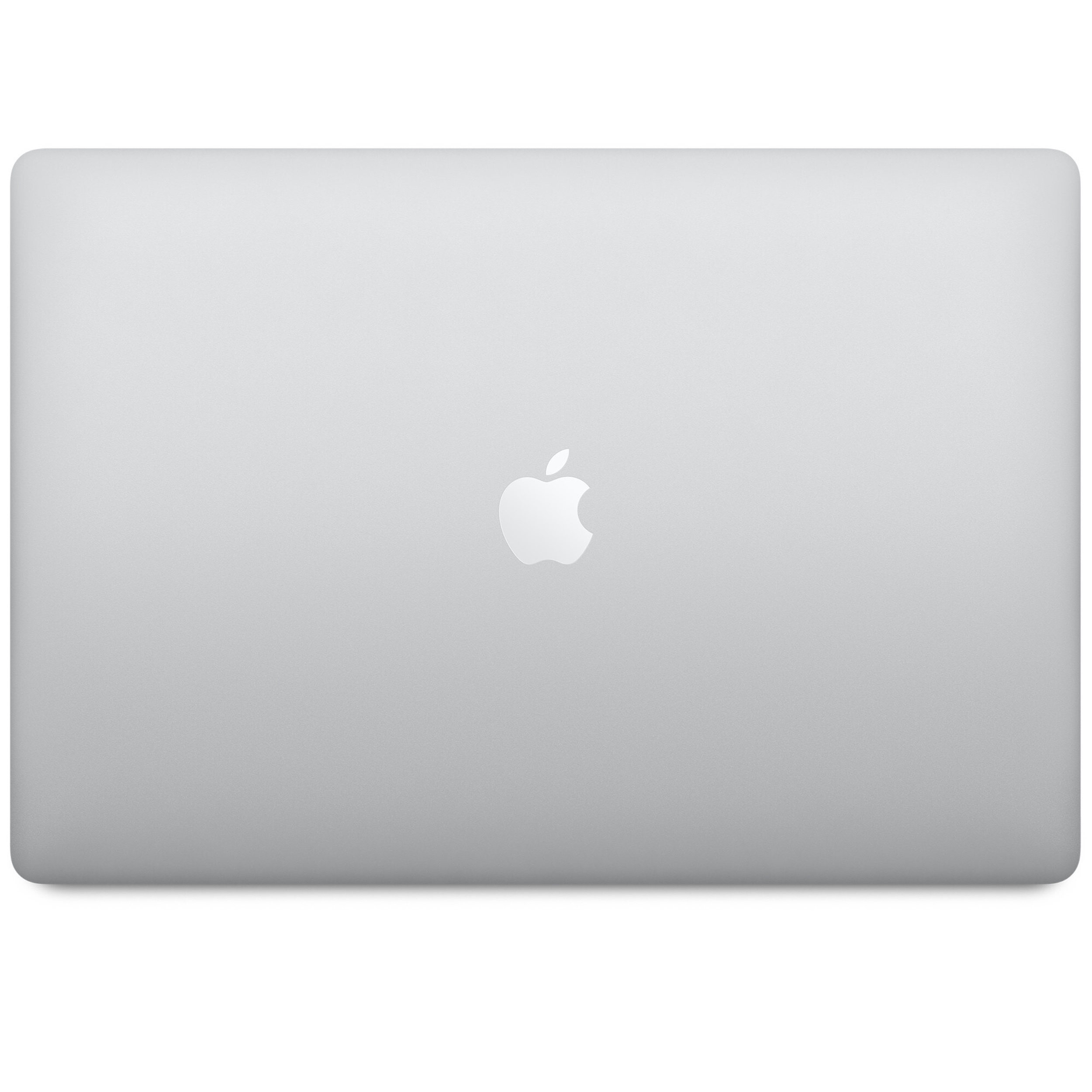Zamknięty srebrny laptop z logo Apple pośrodku. Tło jest białe.