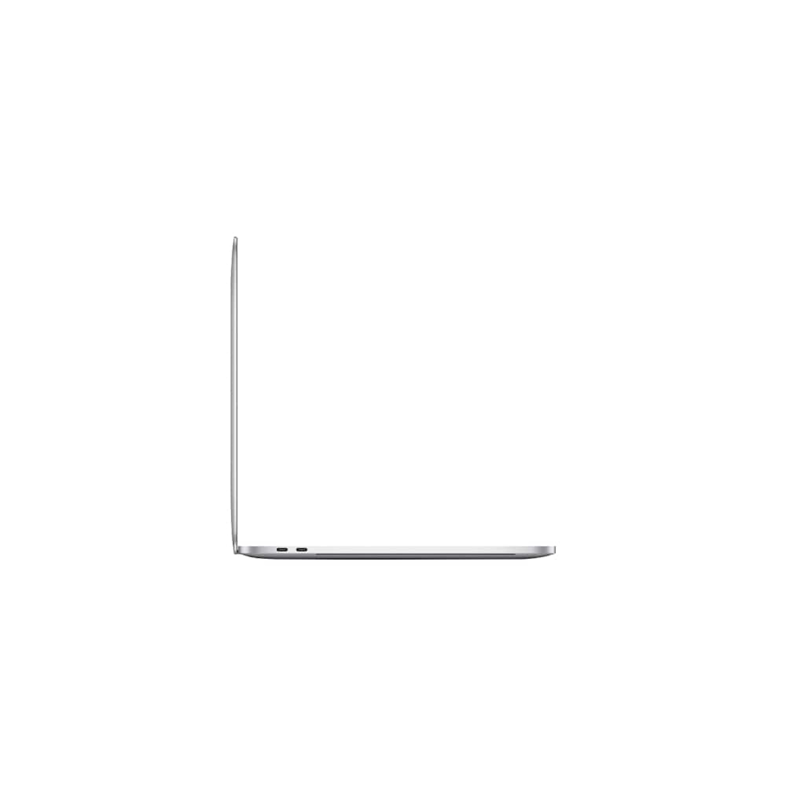 Widok z boku srebrnego laptopa na białym tle. Laptop jest otwarty i cienki.