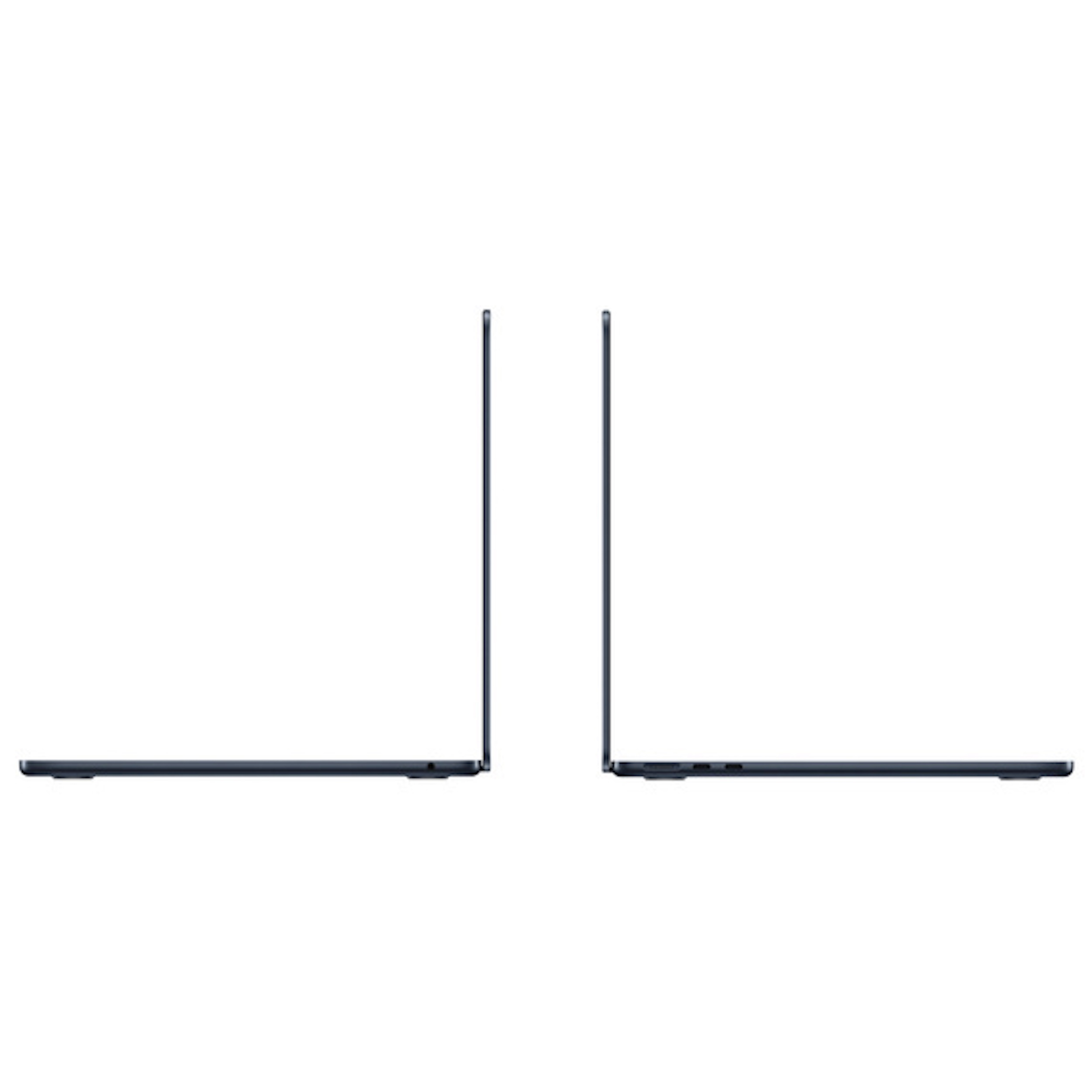 Dwa ciemnoniebieskie laptopy pokazane z boku, w izolowanym widoku na białym tle.