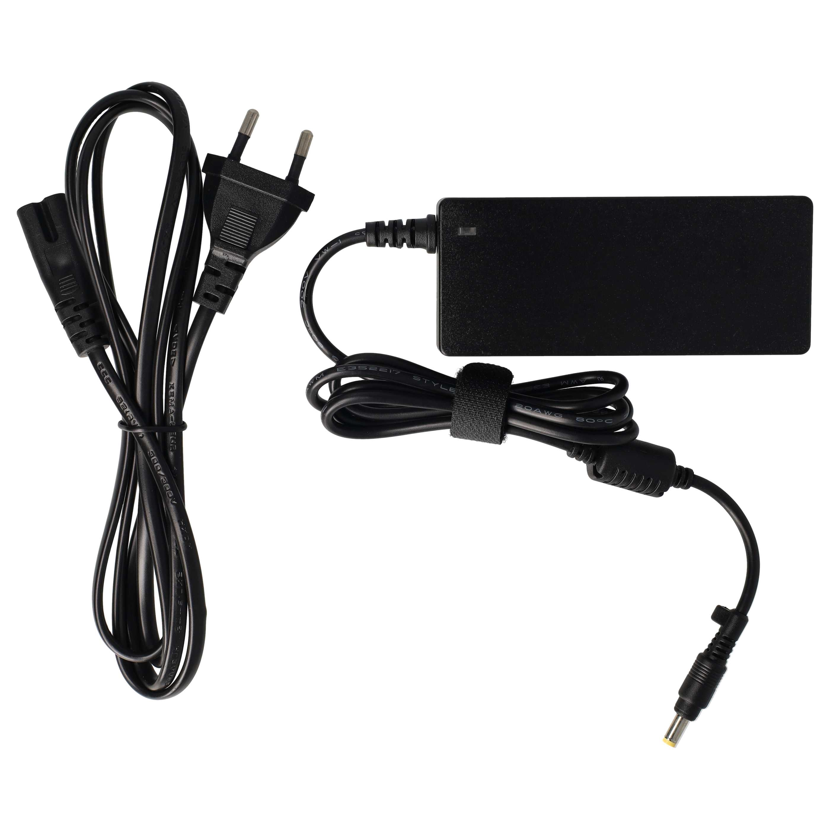 Schwarzes Laptop-Ladegerät mit zweipoligem Stecker und DC-Anschluss. Kabel sind schwarz.