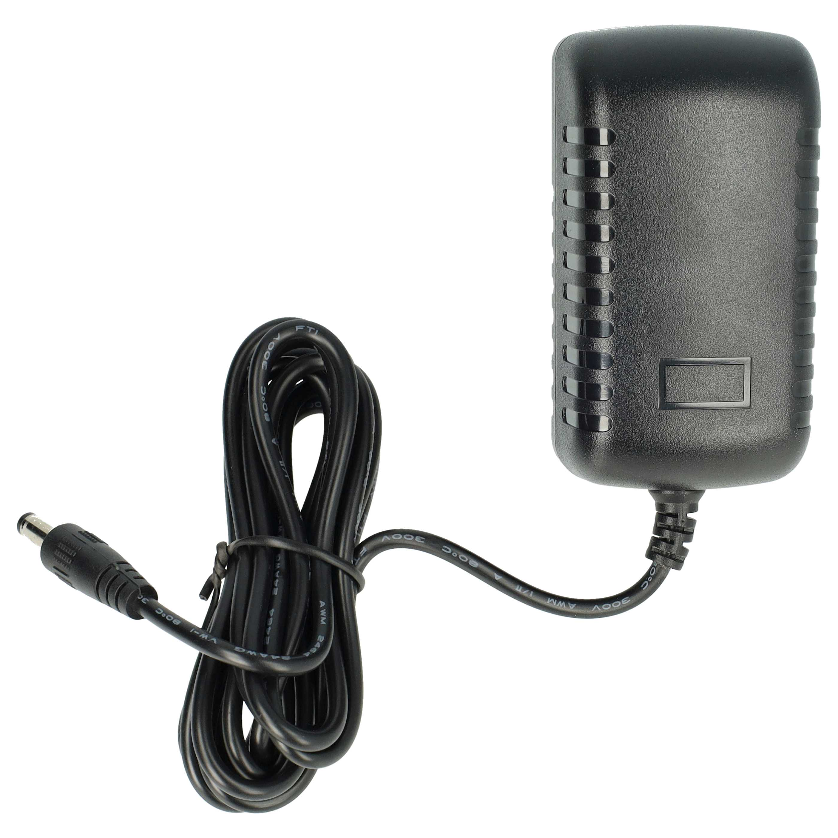 Ein schwarzes Netzteil mit Kabel und Stecker. Das Kabel ist geschlauft und gebunden. Der Hintergrund ist weiß.